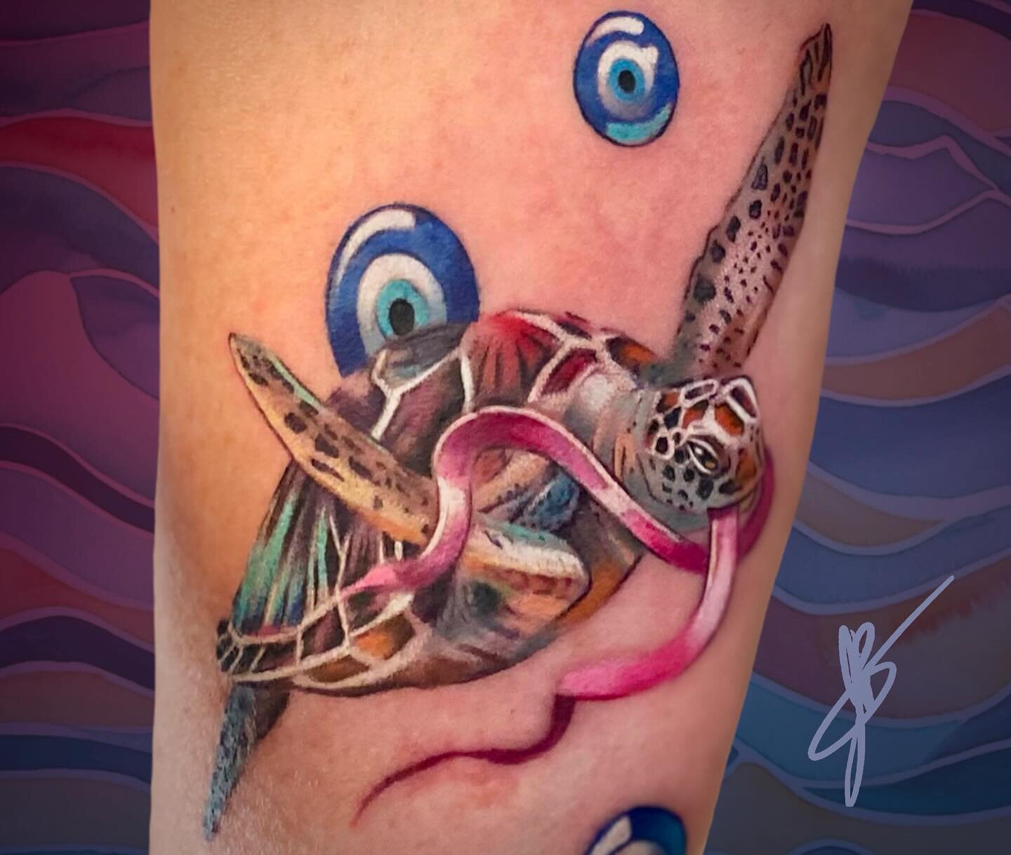 Here's a sea turtle with a breast cancer ribbon, and some Turkish eye bubbles.