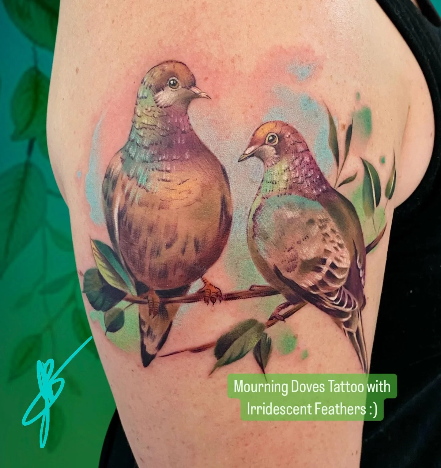 This tattoo of a pair of irridescent mourning doves is, among other things, a celebration of an upcoming album release for @cass_noelle_music. She's a local musician here in the Lehigh Valley, and you can check her Instagram to find her upcoming perf