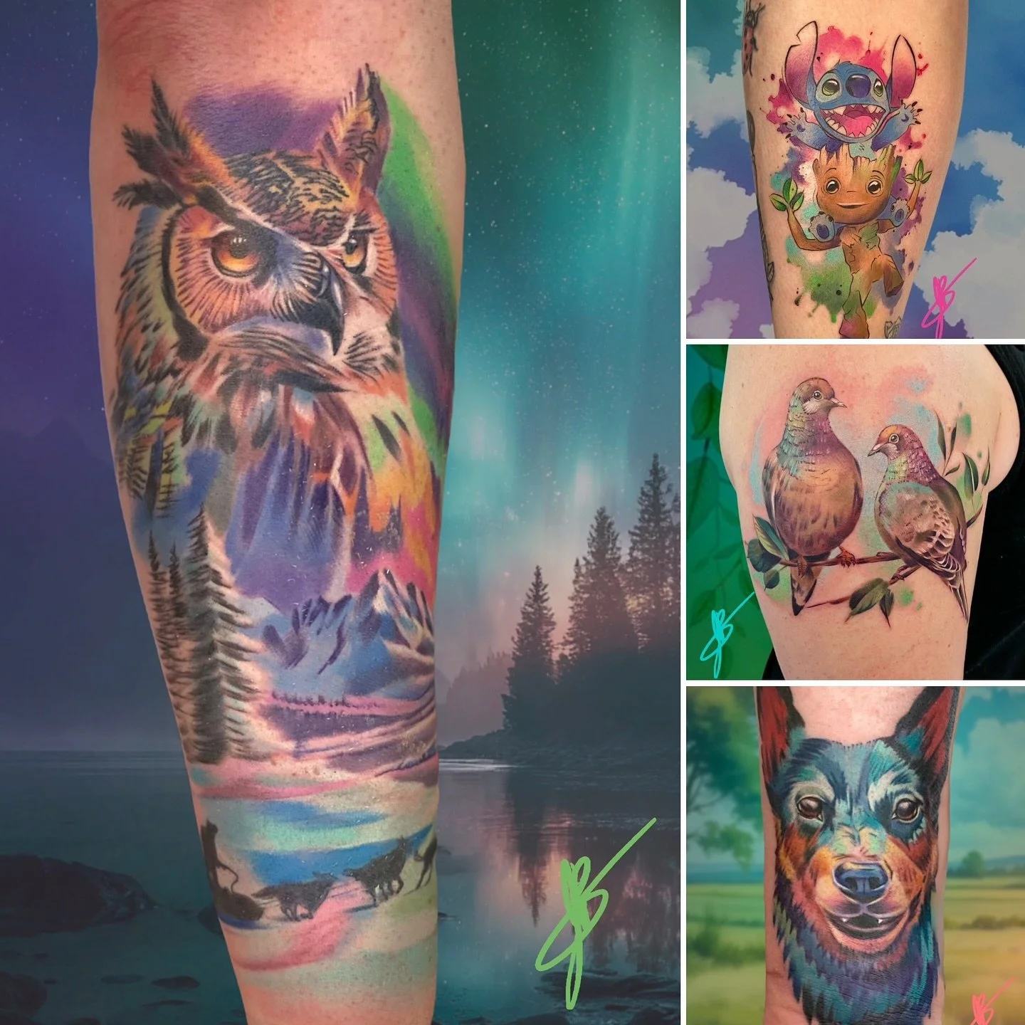 Some recent favorites tattoos that I've done (Real tattoos on real people). 🎨
🦉 Alaskan owl under the northern lights, with mushers crossing below&mdash;an icy dreamscape. (Healed for about 1 year, with snow added recently)
🕊️ Iridescent mourning 