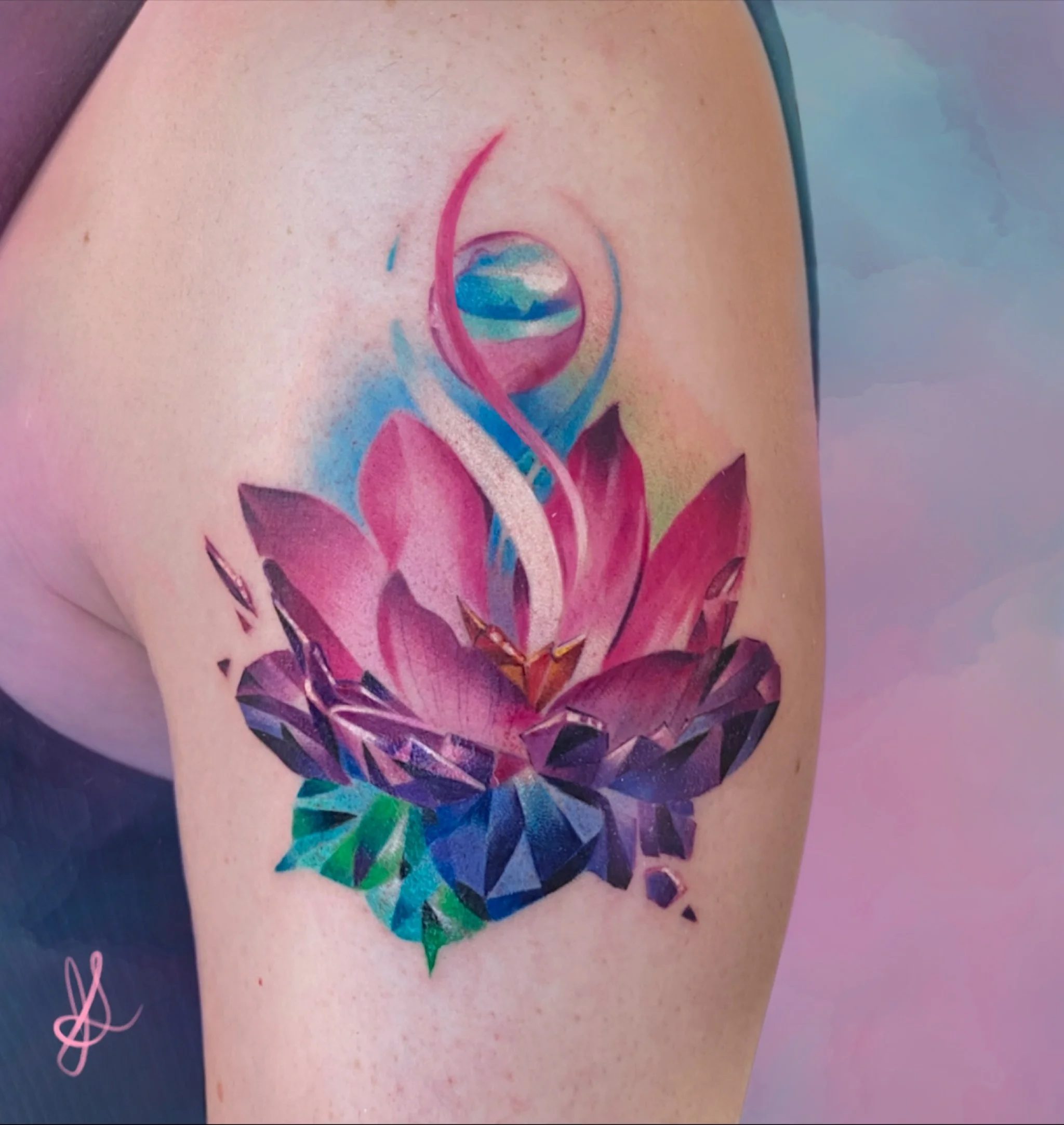 Breaking free, petal by petal. 🌸💎 This lotus starts grounded in crystal, its lower petals held in shimmering blues and purples&hellip; but transformation can&rsquo;t be contained. The upper petals burst into vibrant magentas and pinks, while a lumi