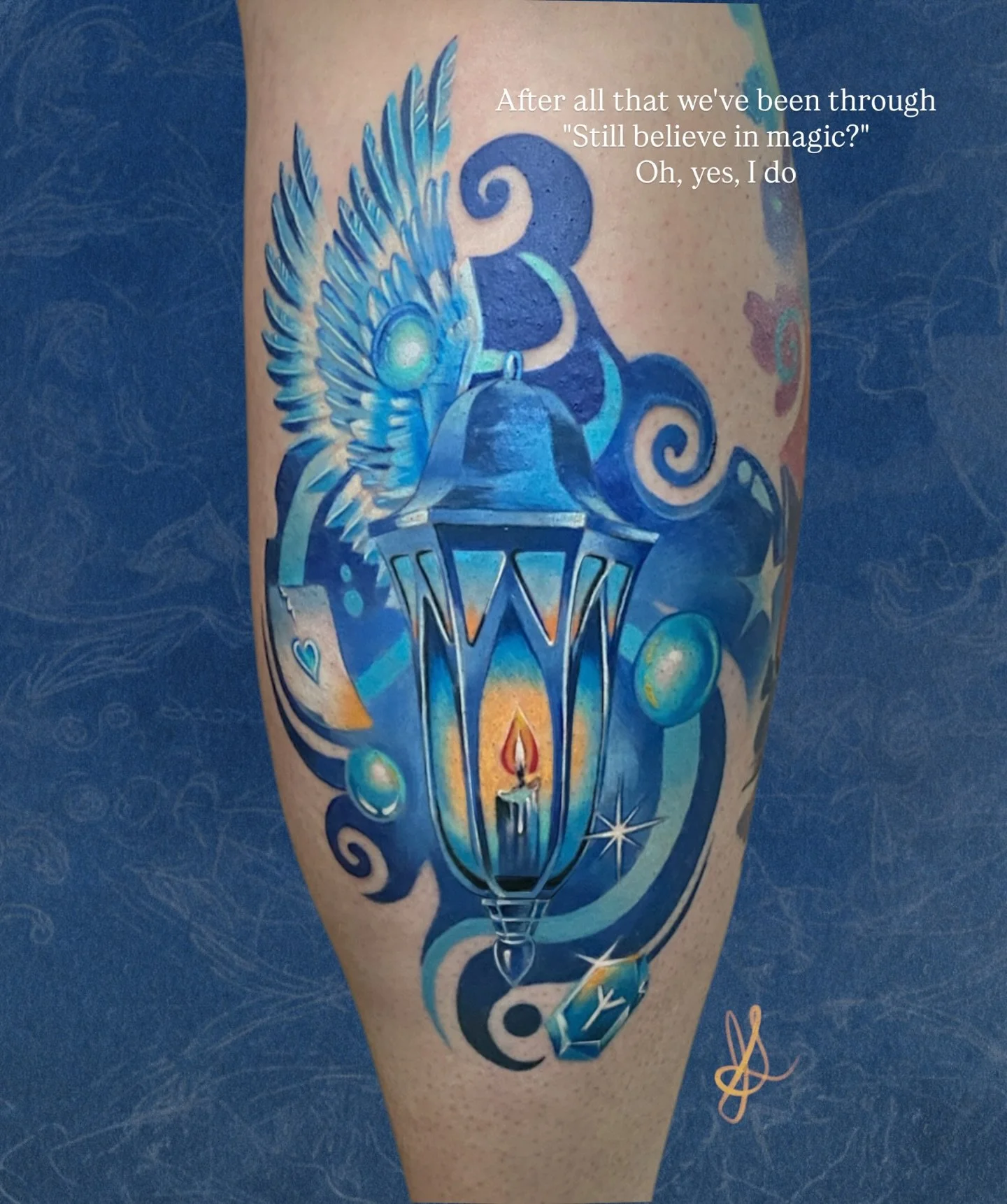 A winged lantern, glowing softly against a sea of blue ✨
This piece is an allegory for hope that persists inside darkness, struggle, and sadness &mdash; a warm light fighting to stay visible while everything around it feels heavy, quiet, and uncertai