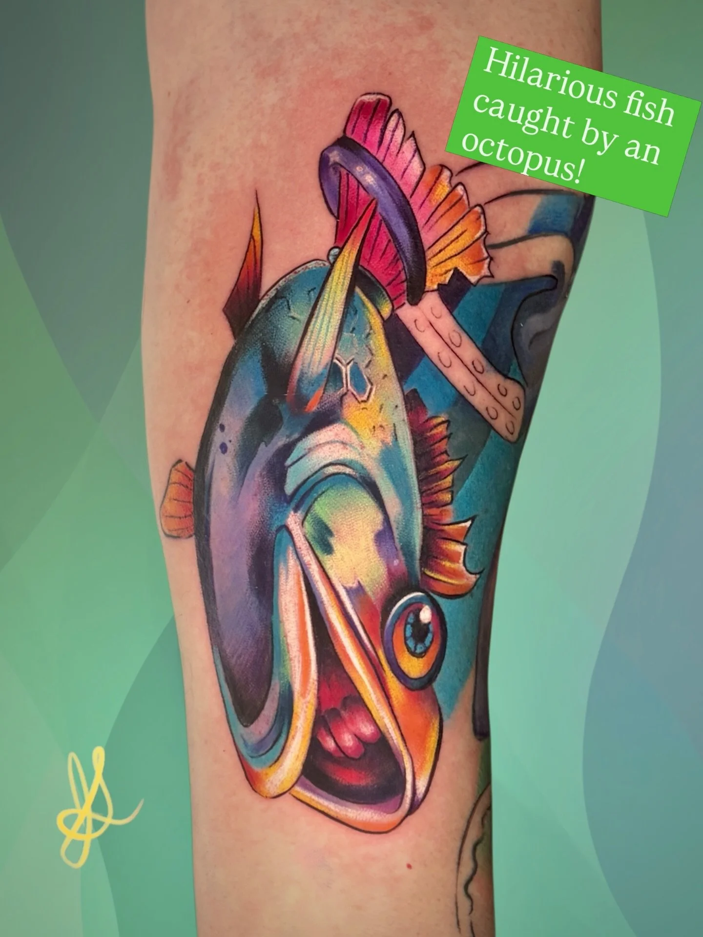 We&rsquo;re still working on the octopus that is holding this fish, but I wanted to show you this hilarious fish. I was cracking up the whole time that I was designing and tattooing it. 🤣 It&rsquo;s giving New School style vibes. #tattoo #tattooed #