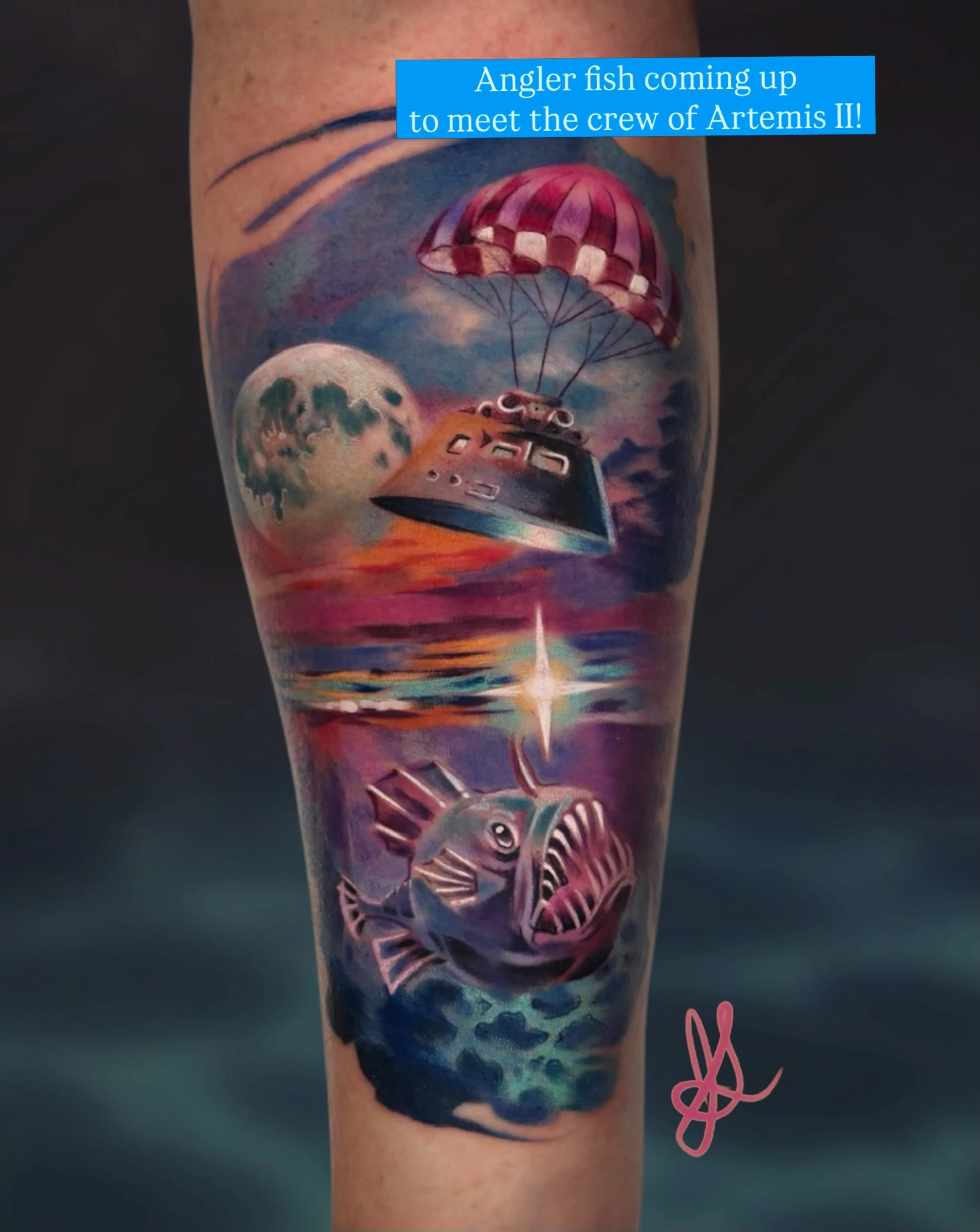 An angler fish adventuring from the comfort of the ocean depths to meet the crew of Artemis II, who have returned from a grand journey of their own. Thank you for the unique tattoo idea; I hope you have lots of grand adventures of your own. 

"T