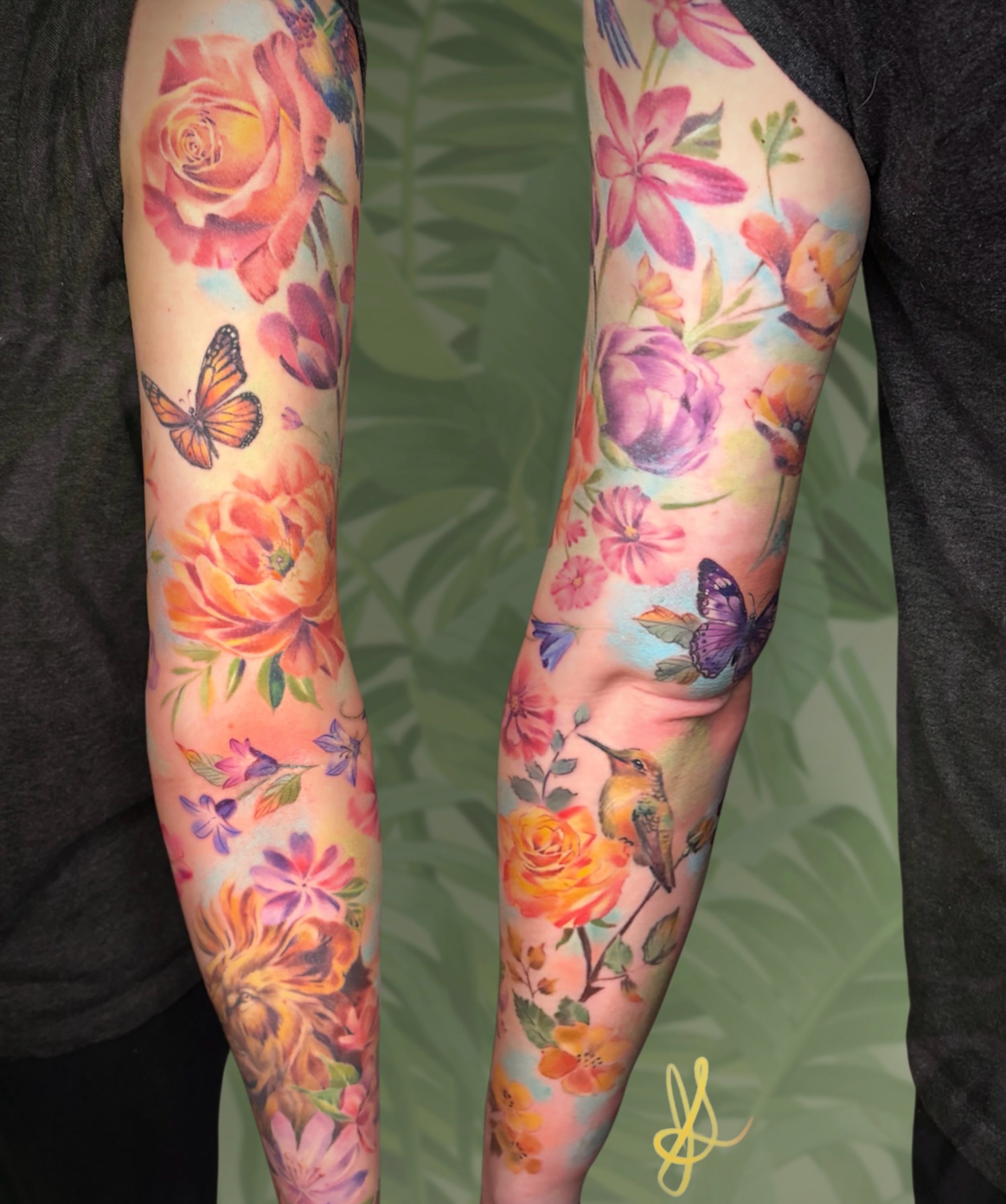 One little sprig of flowers left to do on this sleeve. We did it a few hours at a time over the course of two years and it&rsquo;s so great to see it come together. I think that the light green, blue, and peach brushes of color in the background real