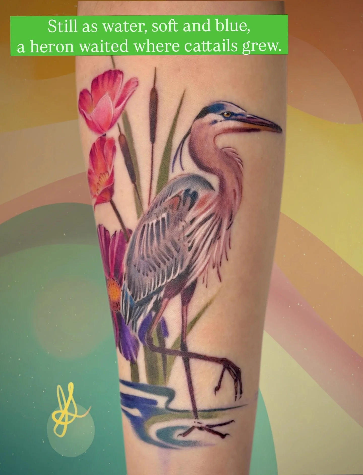 Still as water, soft and blue,
a heron waited where cattails grew.
Wildflowers lean in golden light,
framing calm in quiet sight.

Patient eyes, the world held slow&mdash;
a ripple stirs, then back to flow.

#tattoo #tattoos #tattooed #tattooartist #