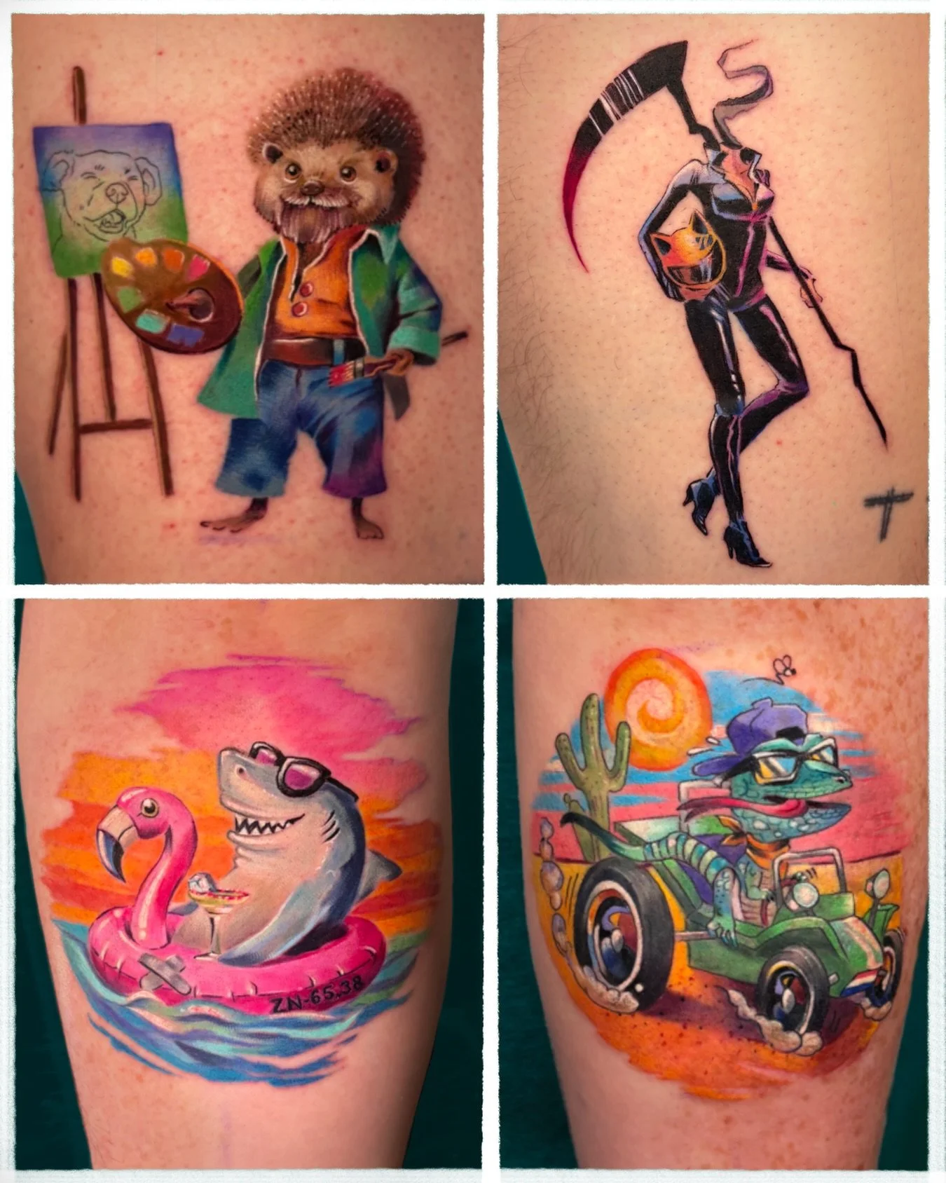 I&rsquo;m way behind on posting tattoos, so here are a few in one post. From top left to bottom right: a little hedgehog as Bob Ross, complete with his signature hair and painting supplies; Celty Sturluson from Durarara!!; a shark relaxing in a flami