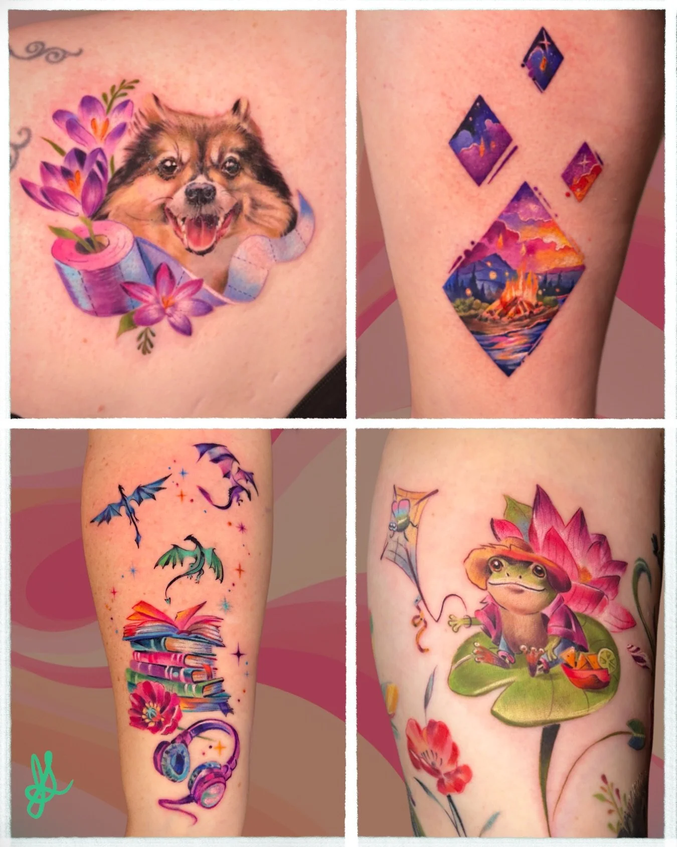 Here are some more tattoos that I did! We&rsquo;ve got a Pomeranian who loved to chew up paper products, a magical campfire scene, the joy of listening to audiobooks, and a frog catching more ingredients for his gnatchos.  #dogtattoos #camping #bookt