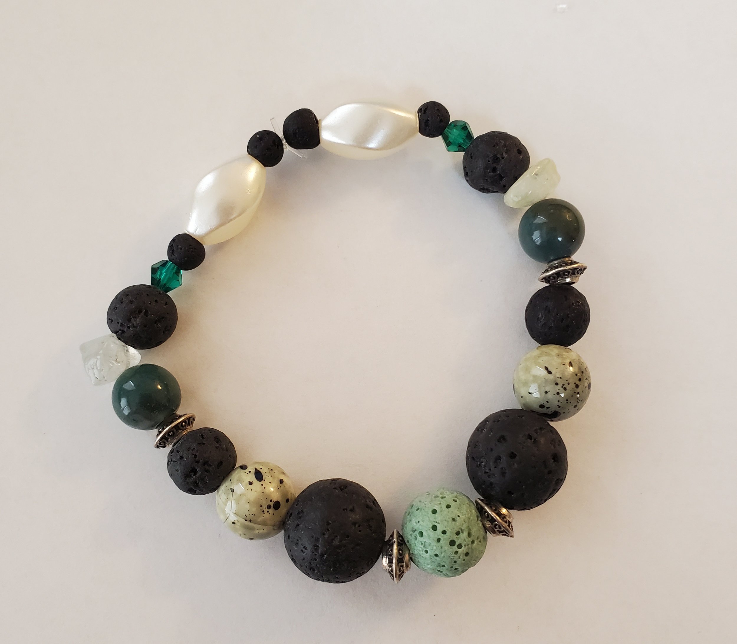 green and pearl lava bead bracelet