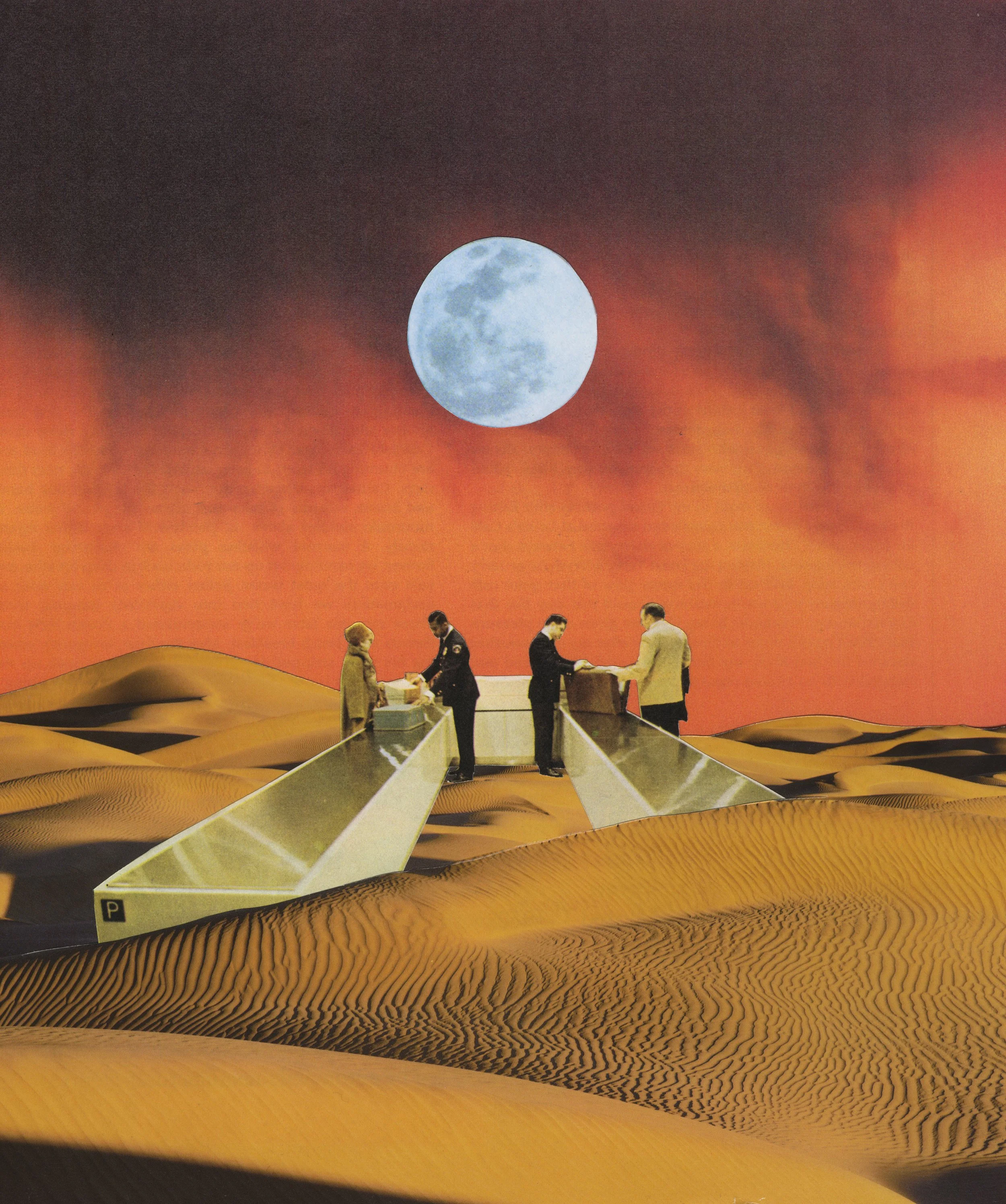 Check Point — airport baggage check collage with orange sky and sand dunes