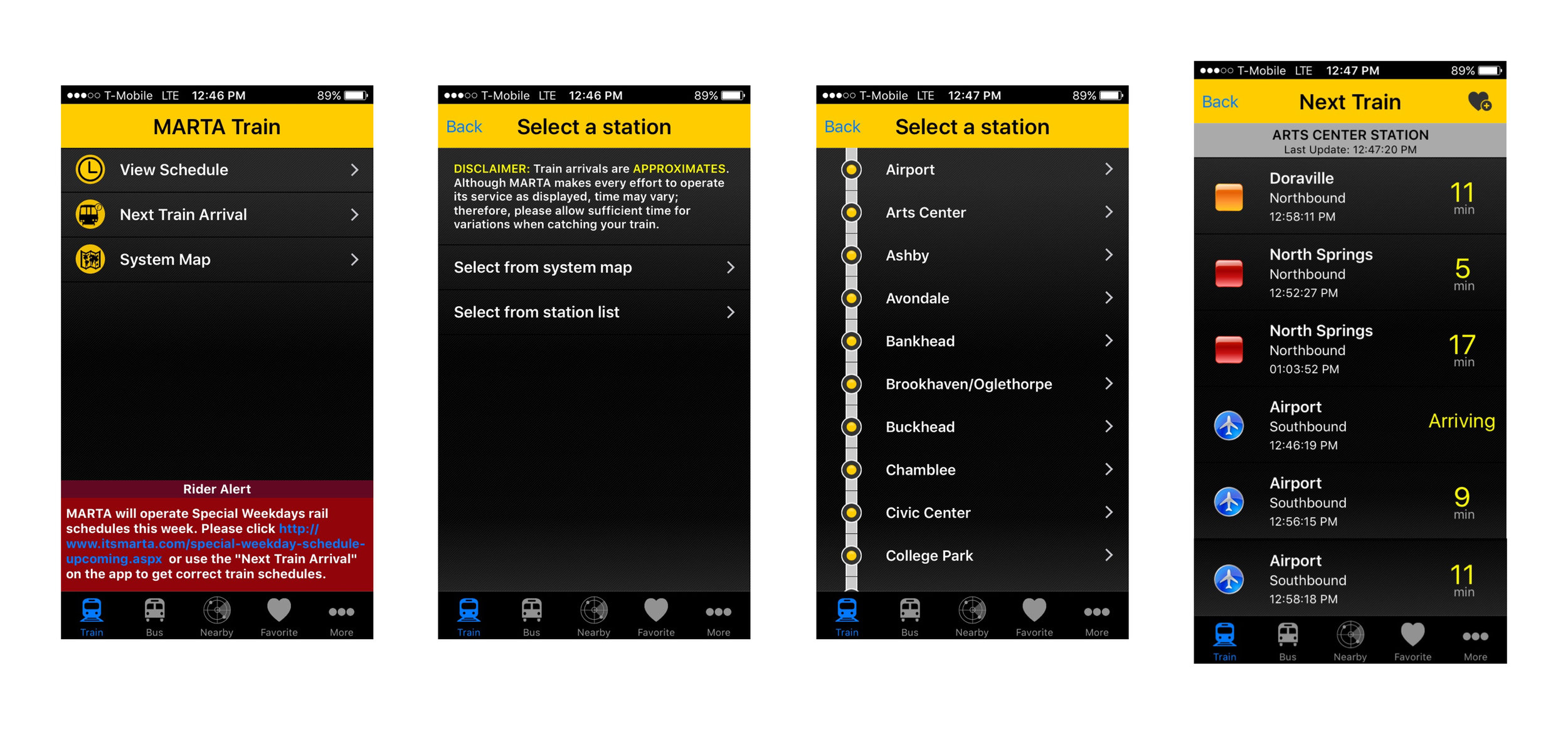After opening the app, there are four screens to discover train arrivals into a given station (Arts Center).