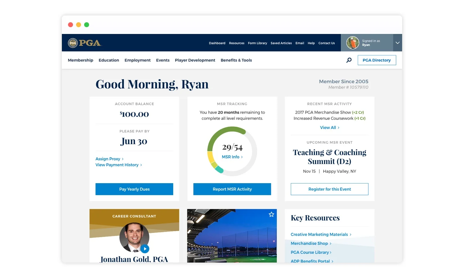 Member dashboards prioritize dues and MSR tracking to keep players in good standing