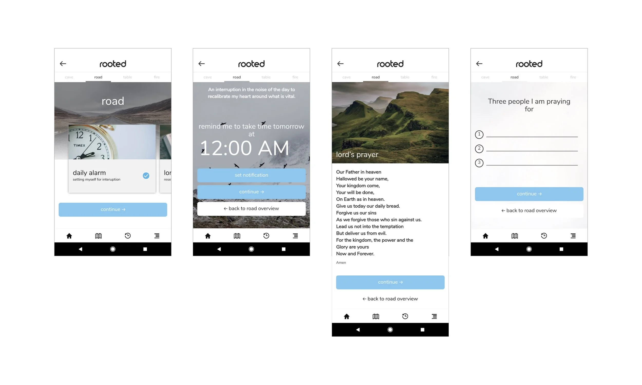 “The Road” prayer prompt original screens above and recommendations below