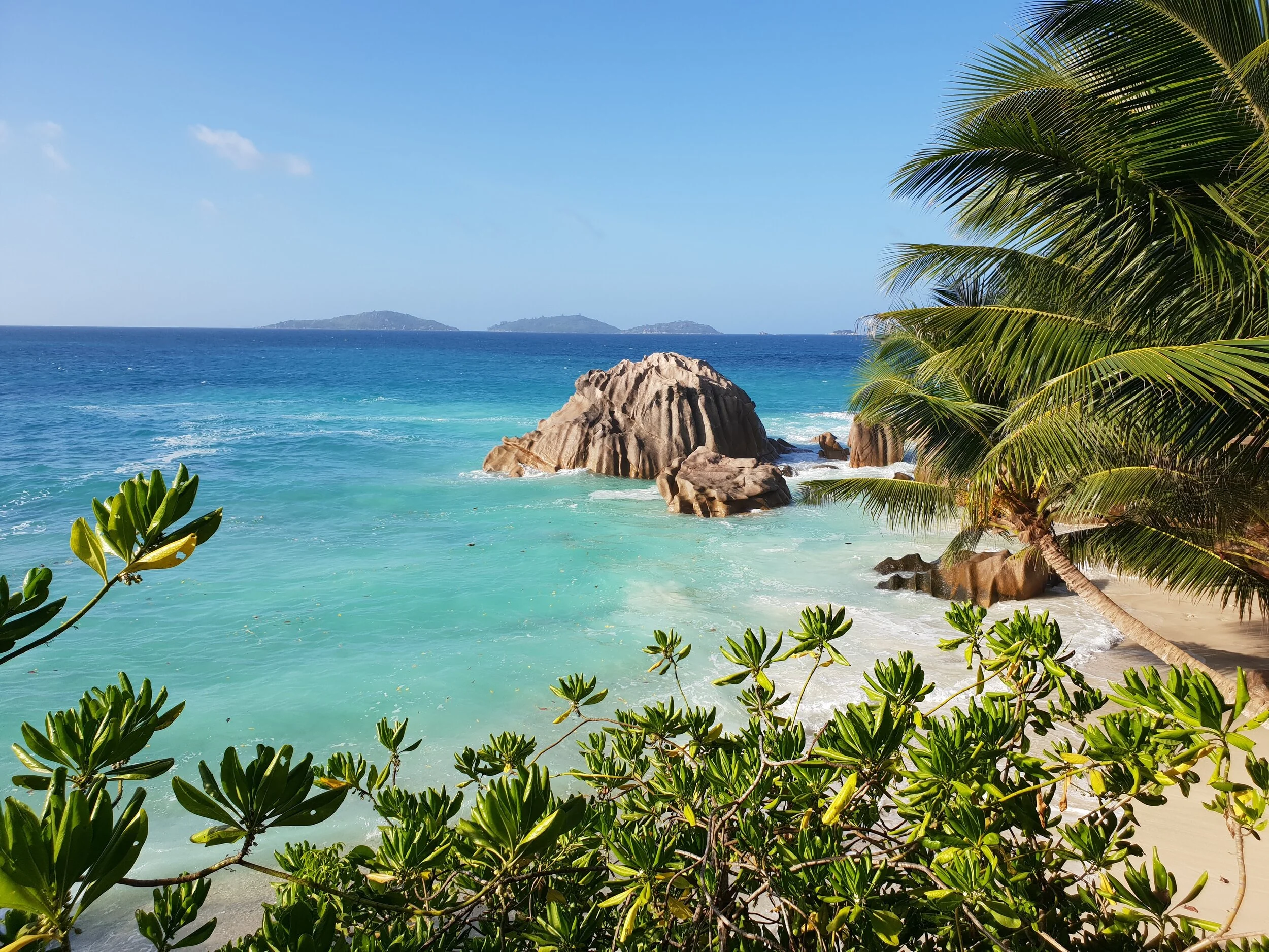 Tropical beach scene with clear blue water, large rocks, green plants, and coconut palm trees, with distant islands in the background under a bright blue sky.