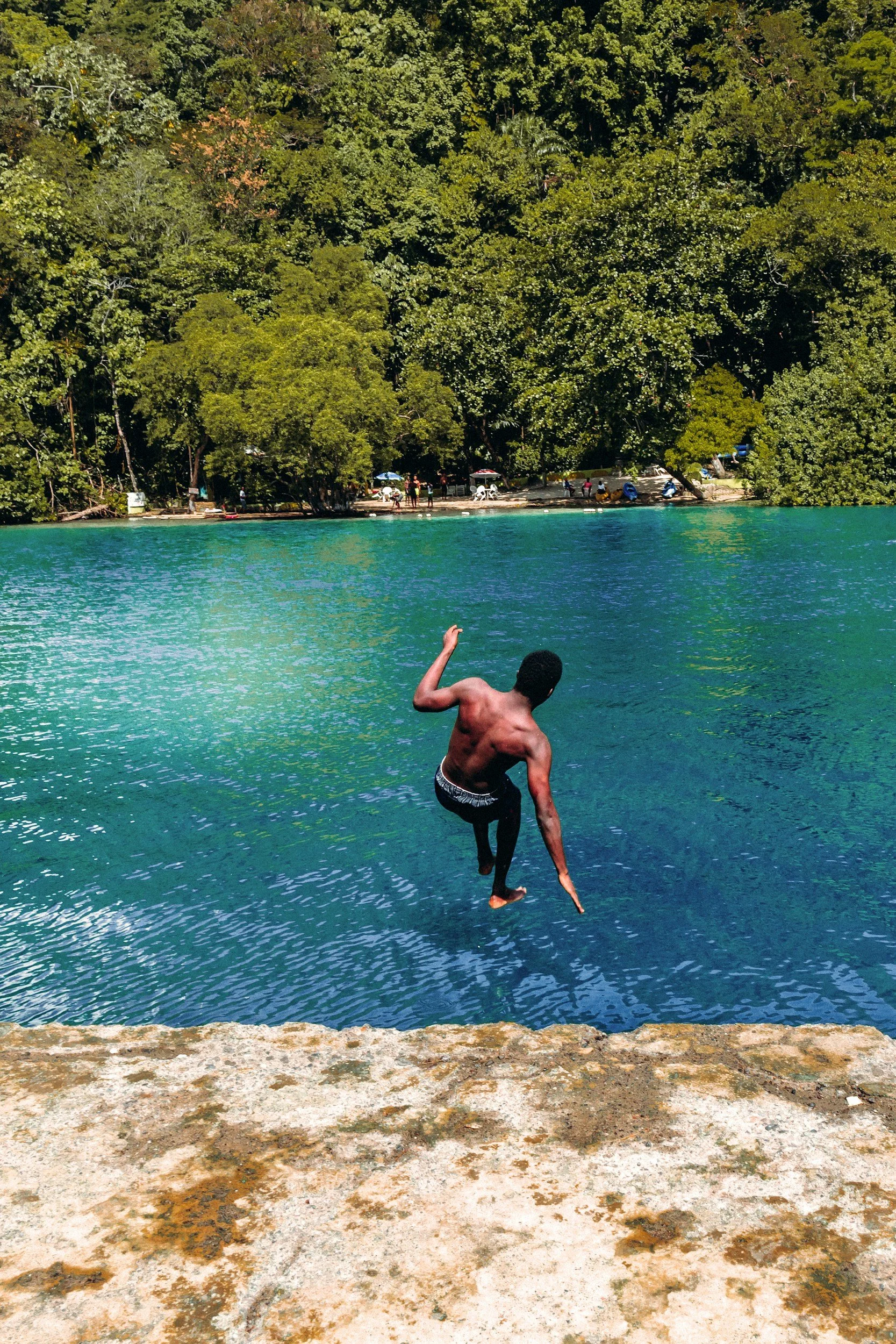 A person jumping into a body of water, with a view of a green, tree-filled shoreline and people on the beach in the background.