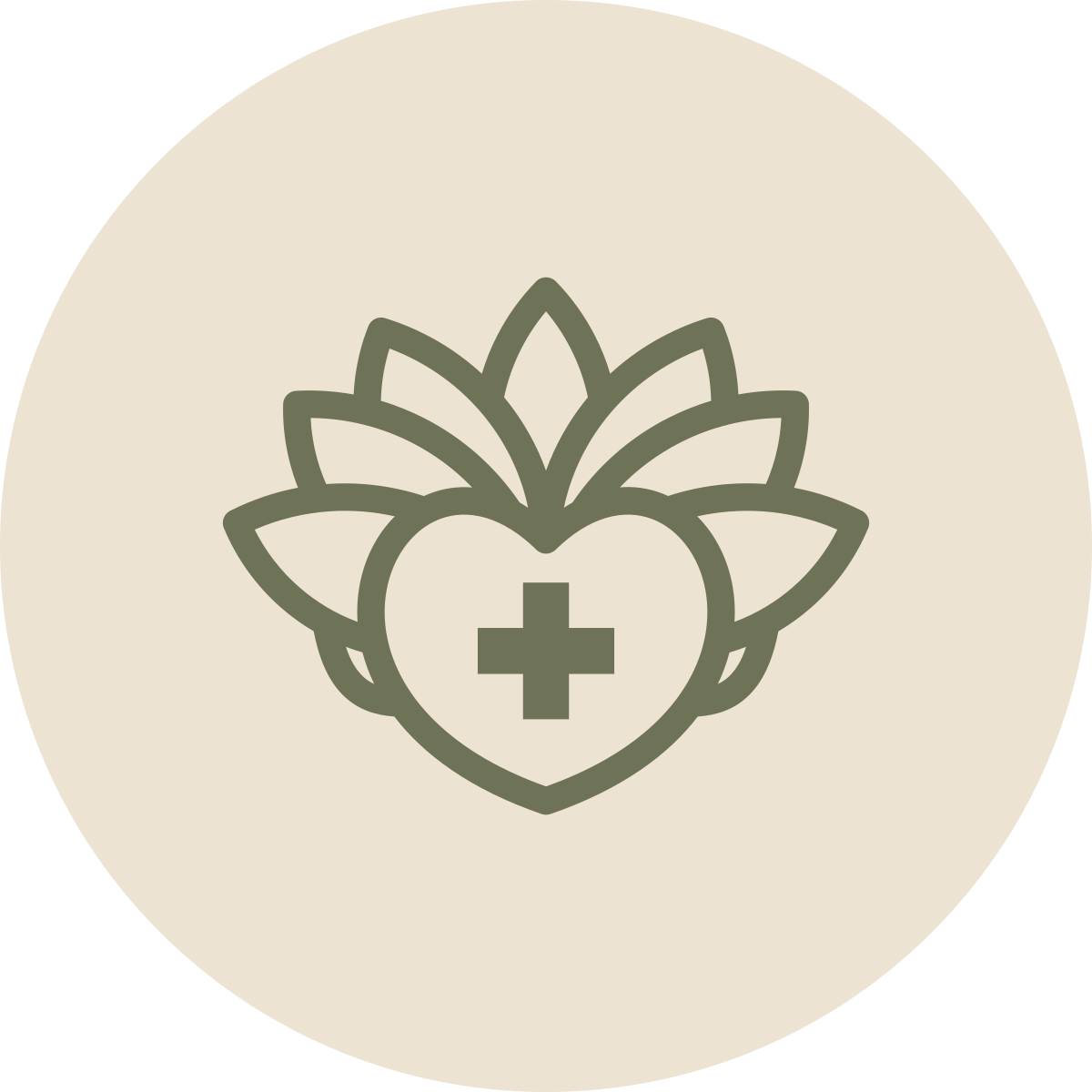 A minimalist icon of a heart with a medical cross inside, surrounded by leaves in a stylized flowering plant design.