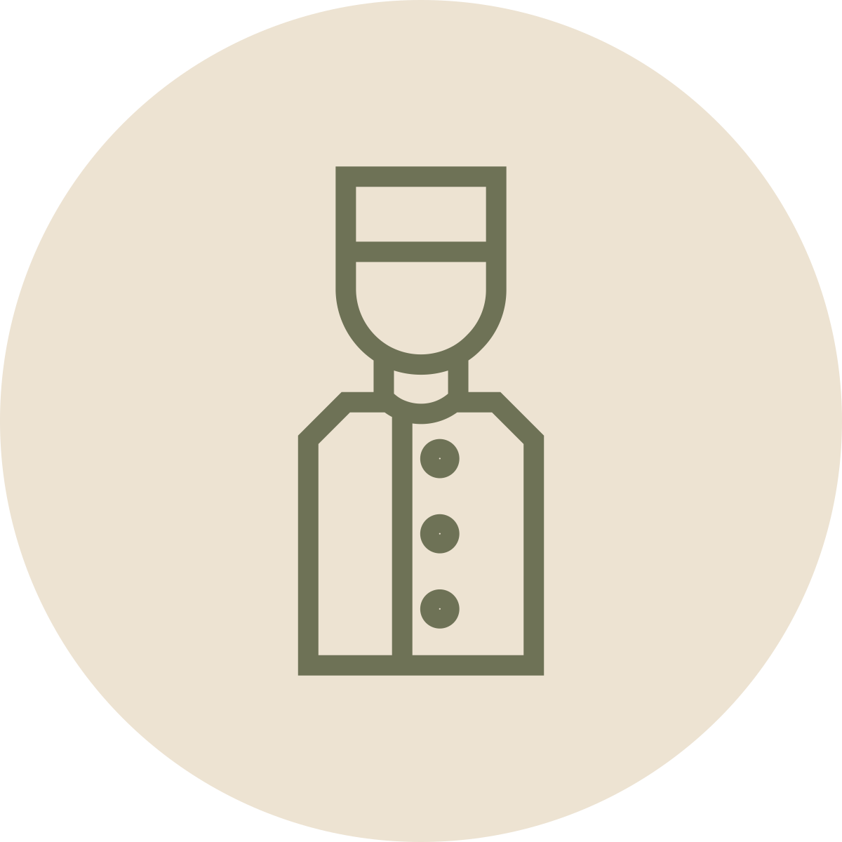 Minimalist icon of a chef in a chef's uniform with buttons on the front, inside a circular beige background.