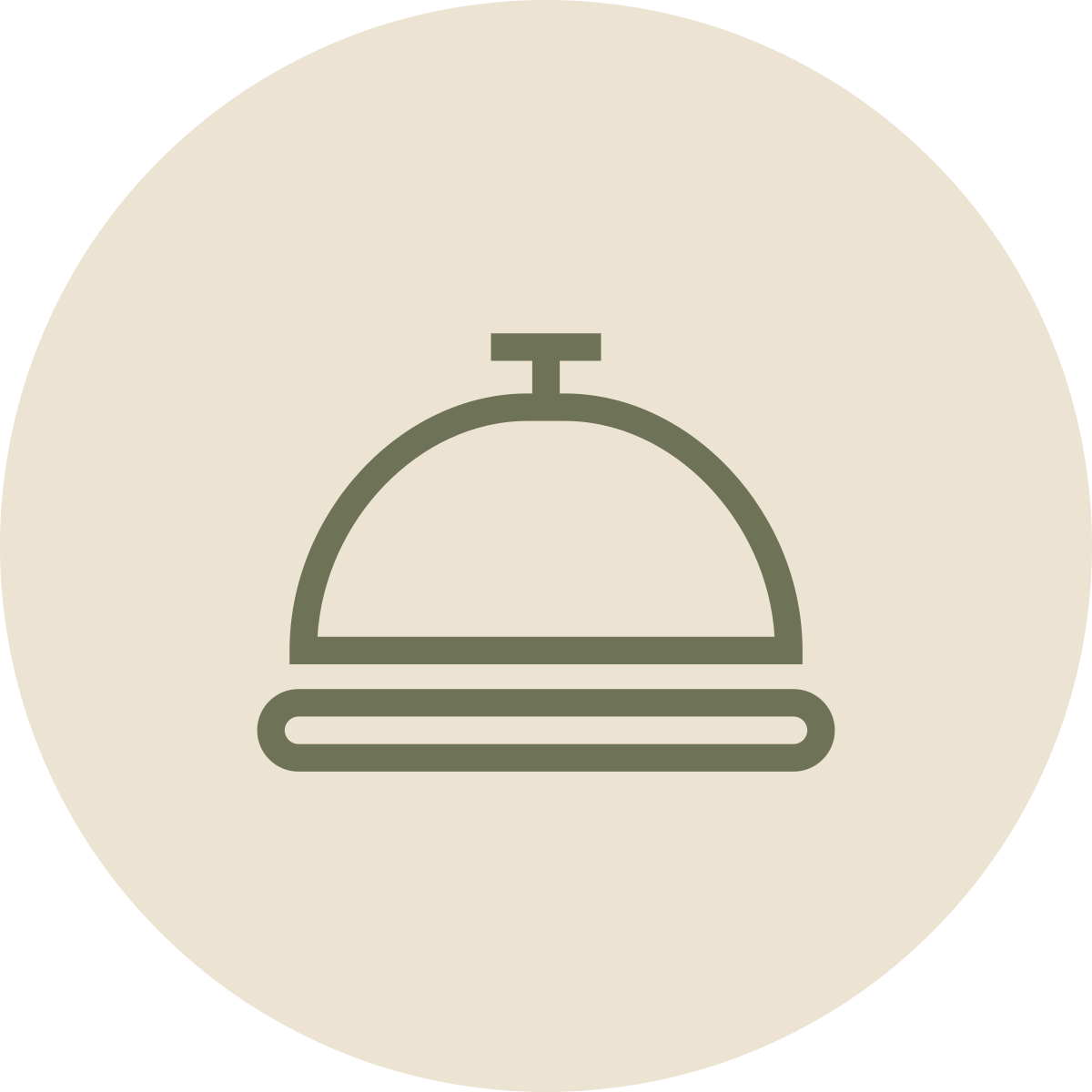 Minimalist icon of a covered serving tray with a domed lid and a handle on top, on a beige circular background.