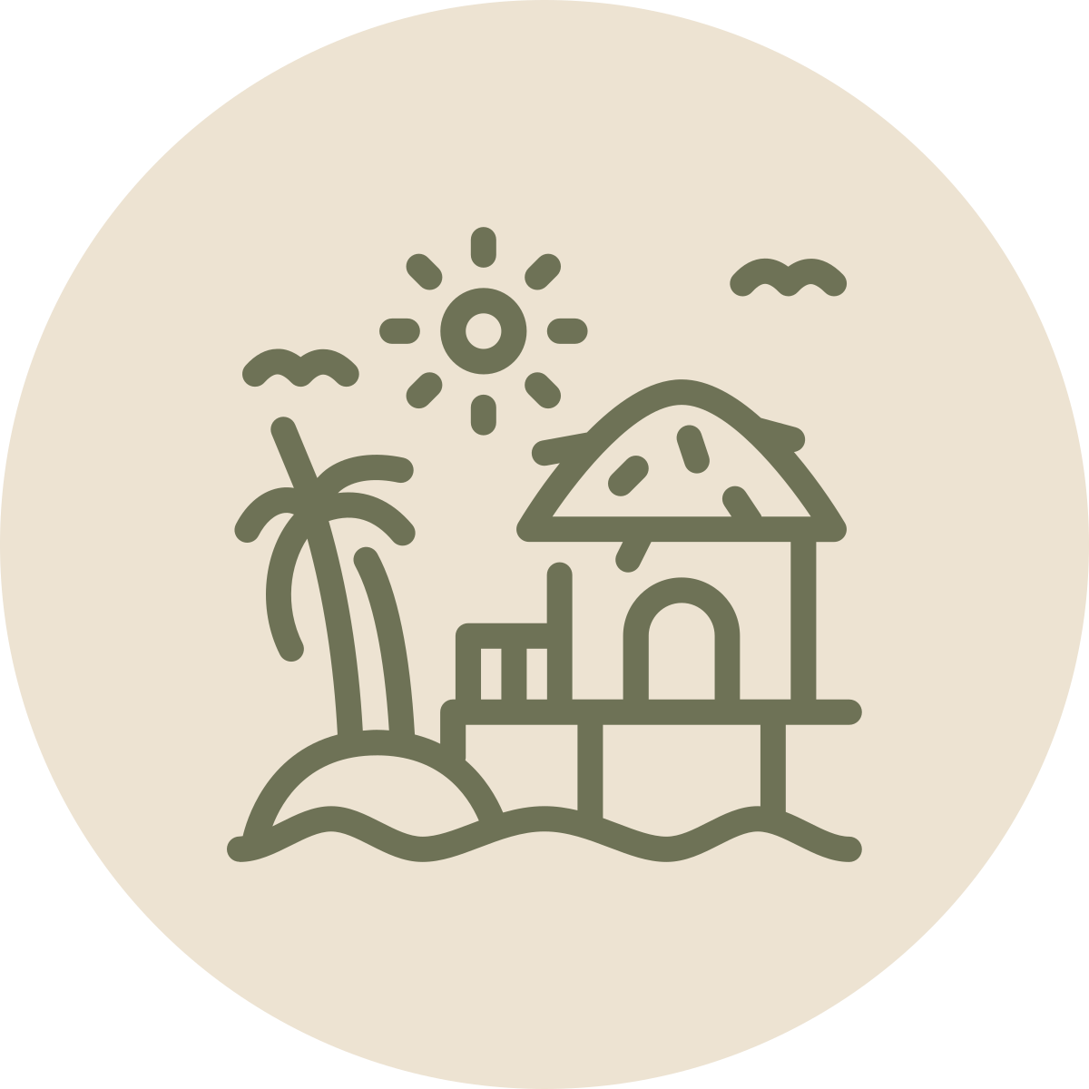 Line drawing of a tropical location with a hut on stilts, a palm tree, a small island, a bright sun, and two birds flying in the sky.