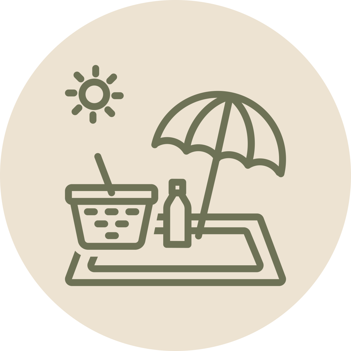 Line drawing of a beach scene with a sun, beach towel, umbrella, bottle, and basket on a mat.