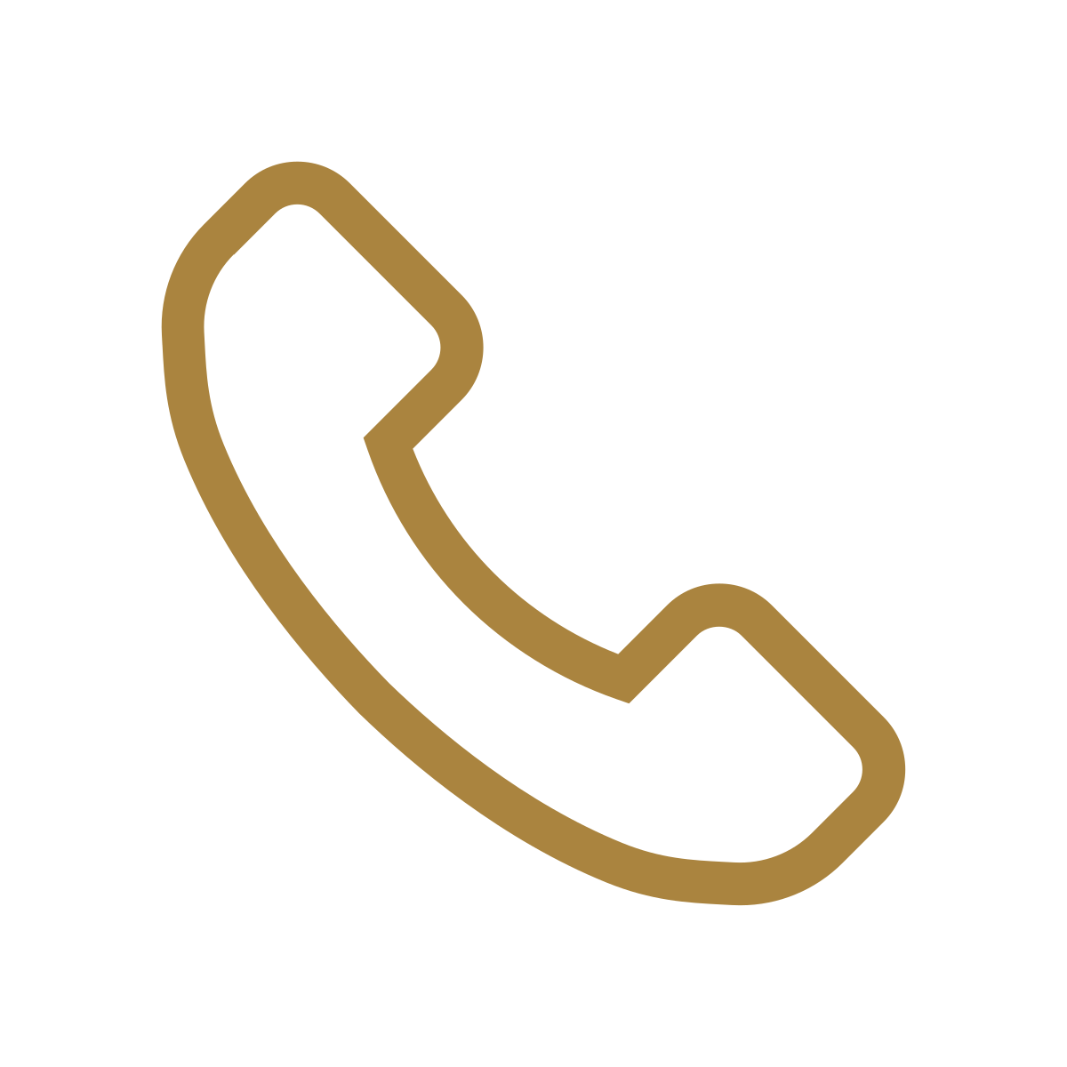 Icon of a telephone handset in gold color on a black background.
