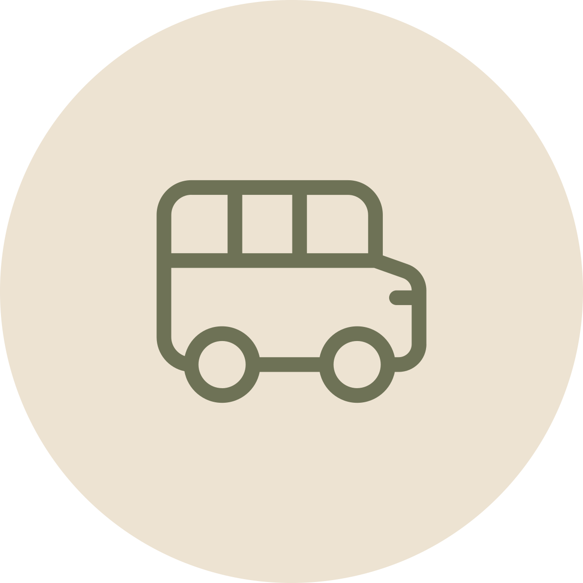 Minimalist icon of a bus with three windows, in a circular beige background.