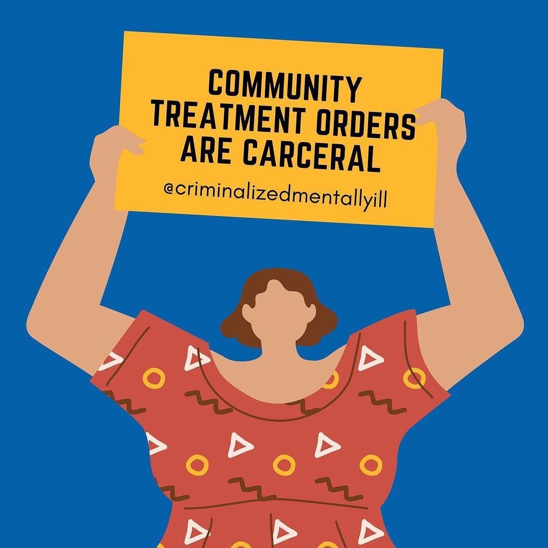 #Repost Let's talk &quot;less restrictive&quot; confinements...⠀
⠀
[Image description: Cover features a person with beige skin and medium length brown hair wearing a red and patterned dress and holding up a poster that reads &quot;Community Treatment