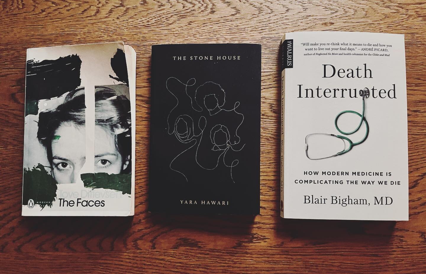 first books of 2023.

[ID: books on a wooden table: The Faces by Tove Dittevsen next to The Stone House by Yara Hawari and Death Interrupted by Blair Bigham. End of description.]