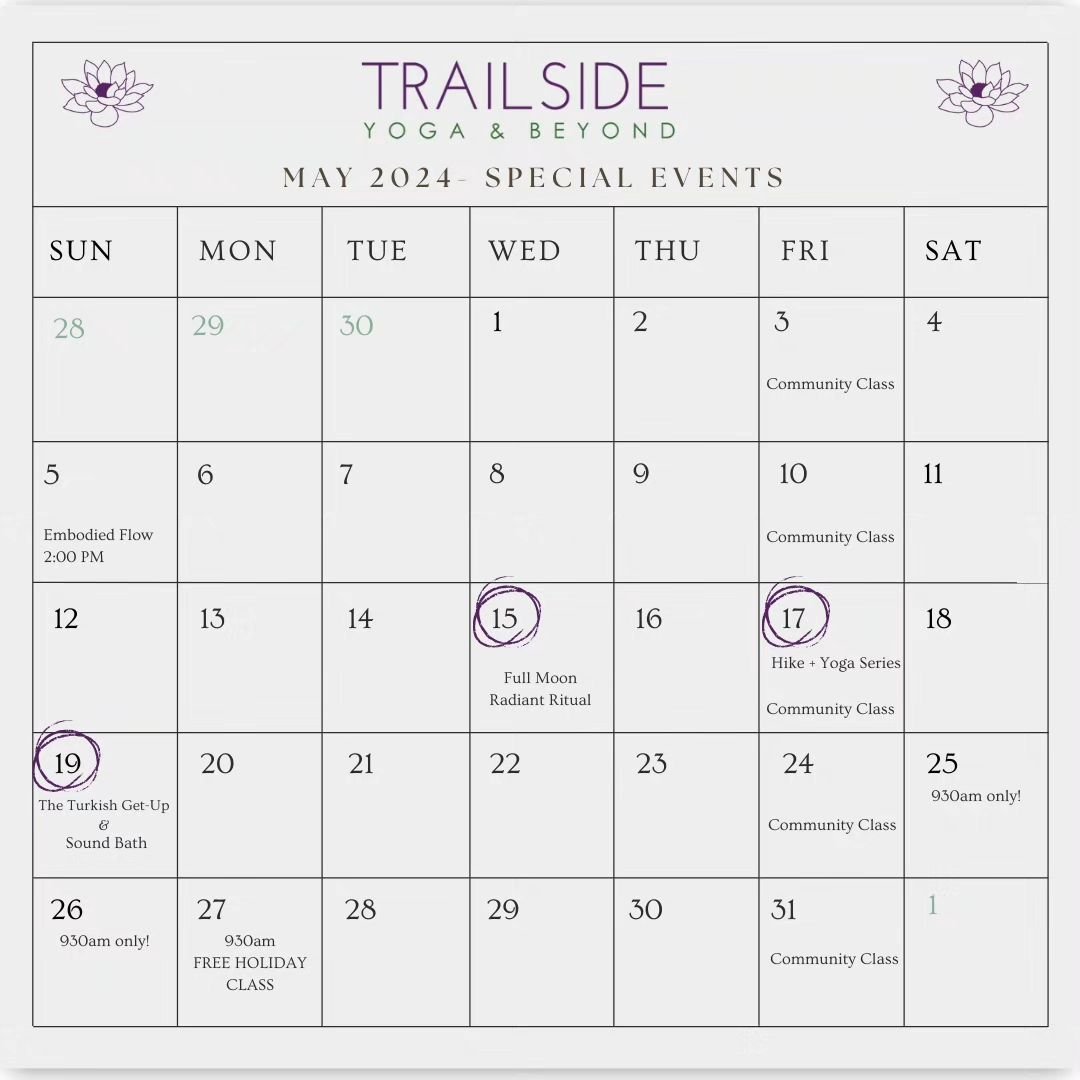🌼 May Offerings 🌼

Next month at the studio - classes, events + workshops.

Sign up at www.trailsideyoga.com or DM us for the link to learn more!

FRIDAYS
Community Class
6-7PM
Donation-Based 
Led by rotating instructors

Upcoming Offerings:
May 5t