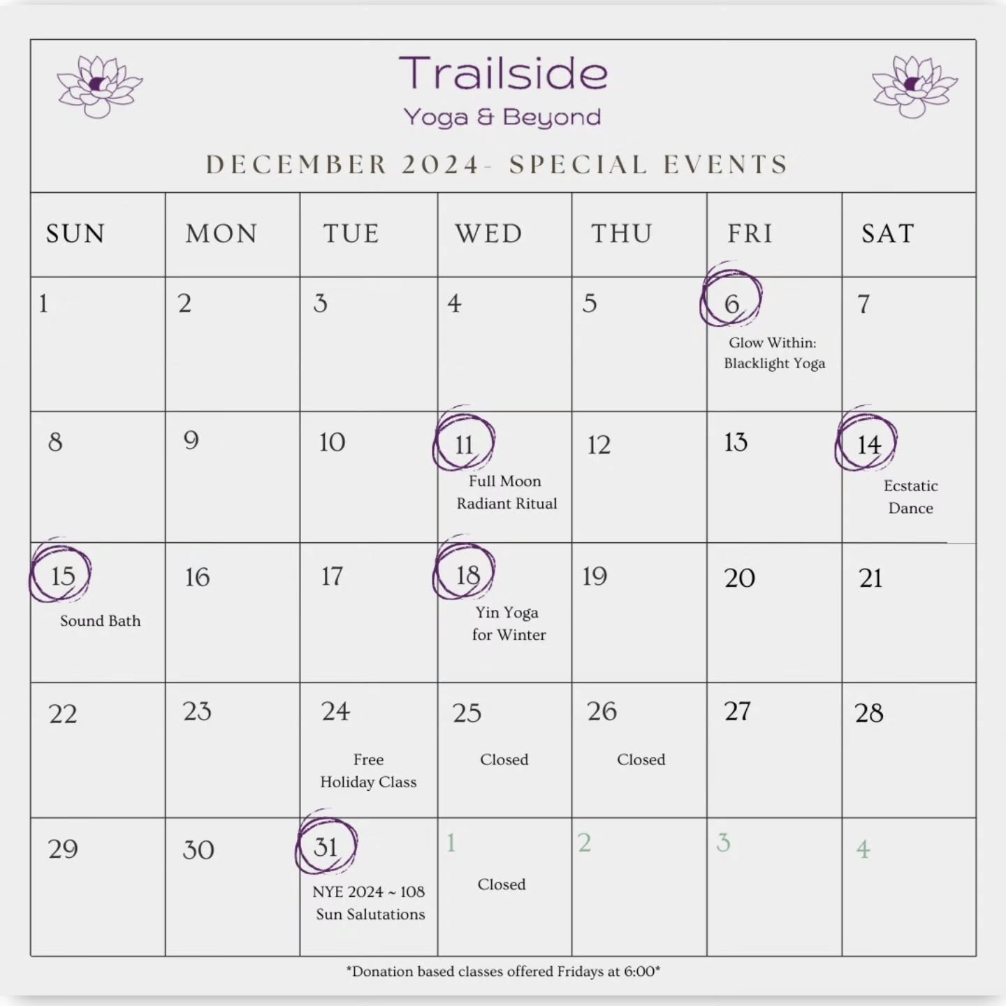 Last chances to join us before the new year! ❄️🎉

Sign up + learn more at www.trailsideyoga.com or follow link in our bio to save your spot:

December 6th ~ Glow Within: Blacklight Yoga
December 11th ~ Full Moon Radiant Ritual 
December 14th ~ The E
