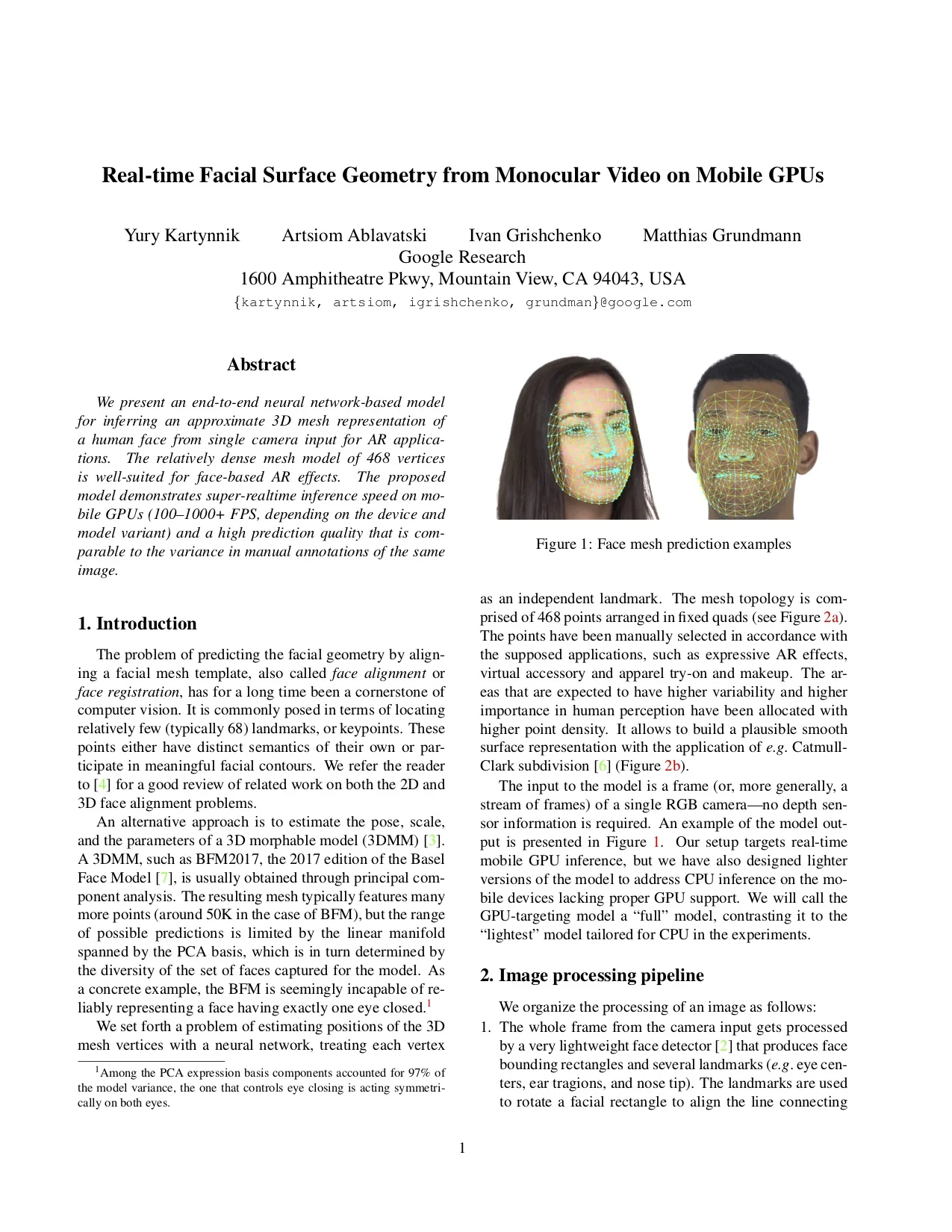 Real-time Facial Surface Geometry from Monocular Video on Mobile GPUs