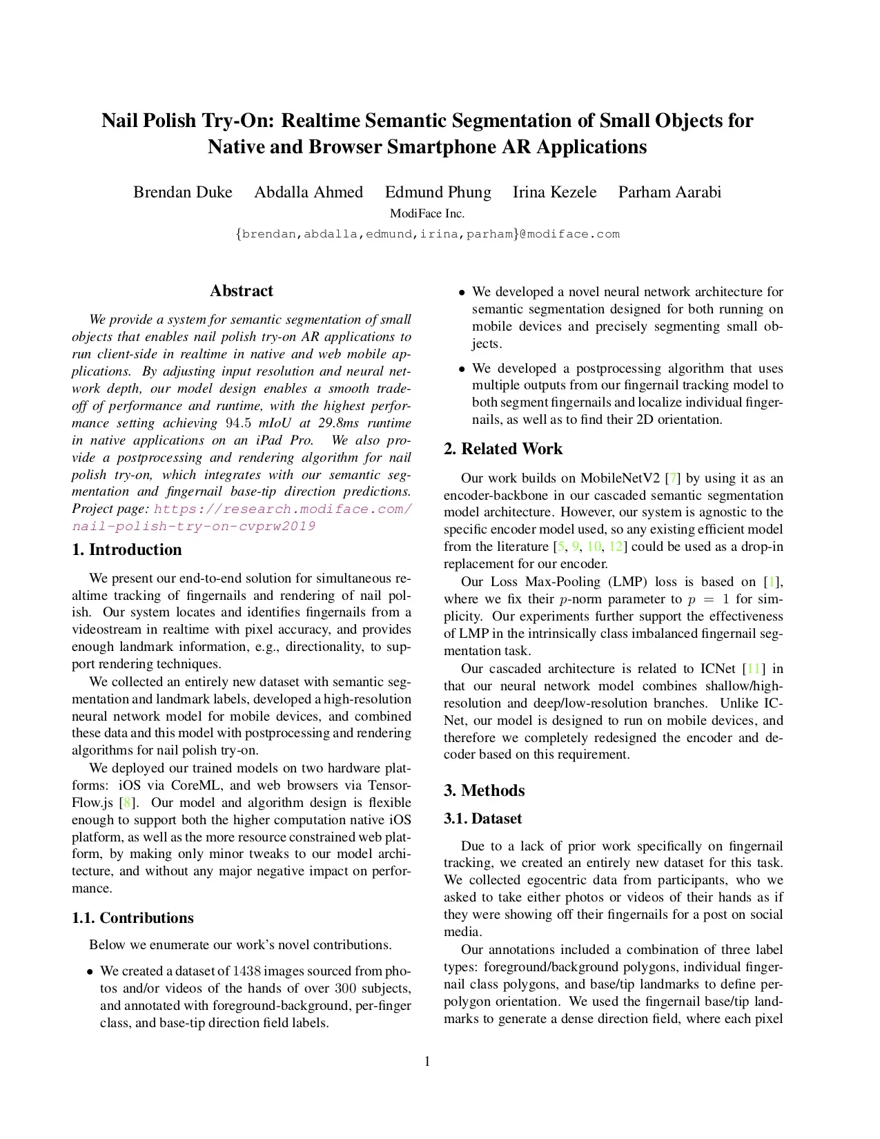 Nail Polish Try-On: Realtime Semantic Segmentation of Small Objects for Native and Browser Smartphone AR Applications