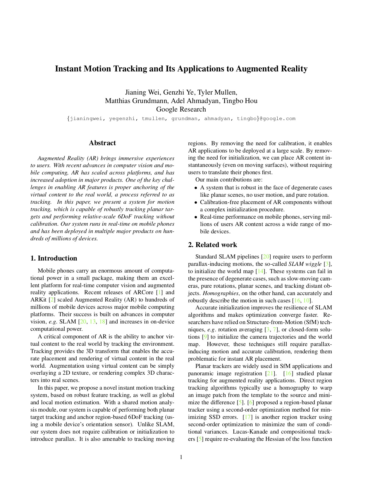 Instant Motion Tracking and Its Applications to Augmented Reality