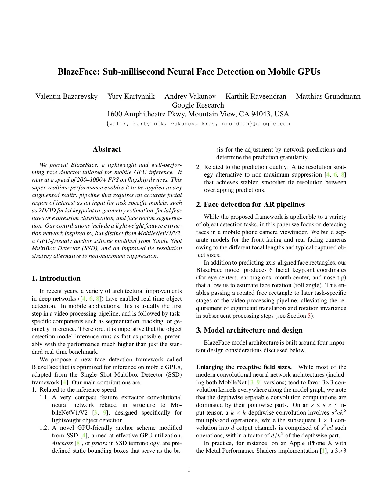 BlazeFace: Sub-millisecond Neural Face Detection on Mobile GPUs
