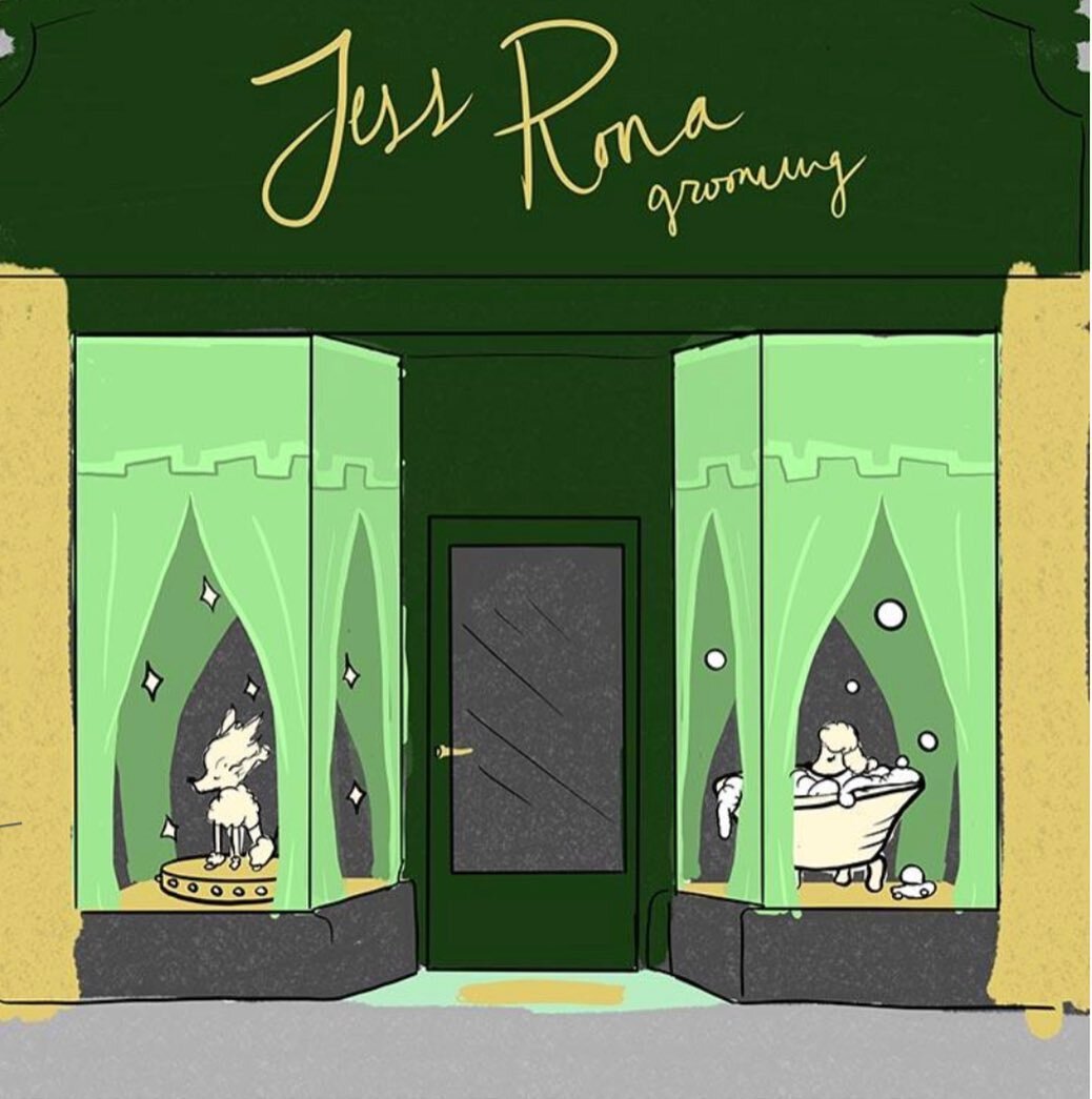 We want to celebrate the official opening of the @jessronagrooming store front on Larchmont! We are so proud of this project. Puppies have been our life for a year and now she is complete! From sketches, to renders, wallpaper design, window displays,