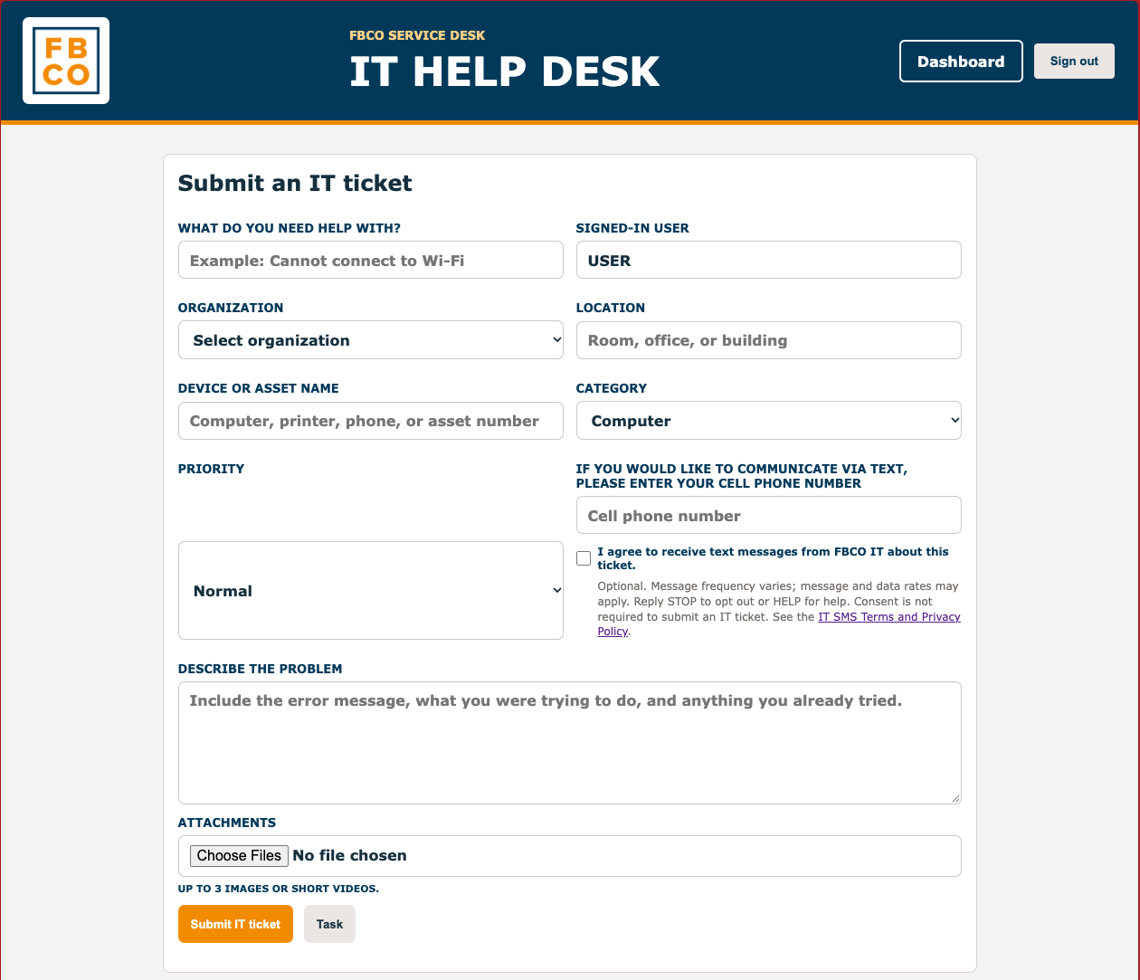 IT ticket form showing optional SMS consent, message frequency, rates, STOP and HELP instructions, and the IT SMS policy link.