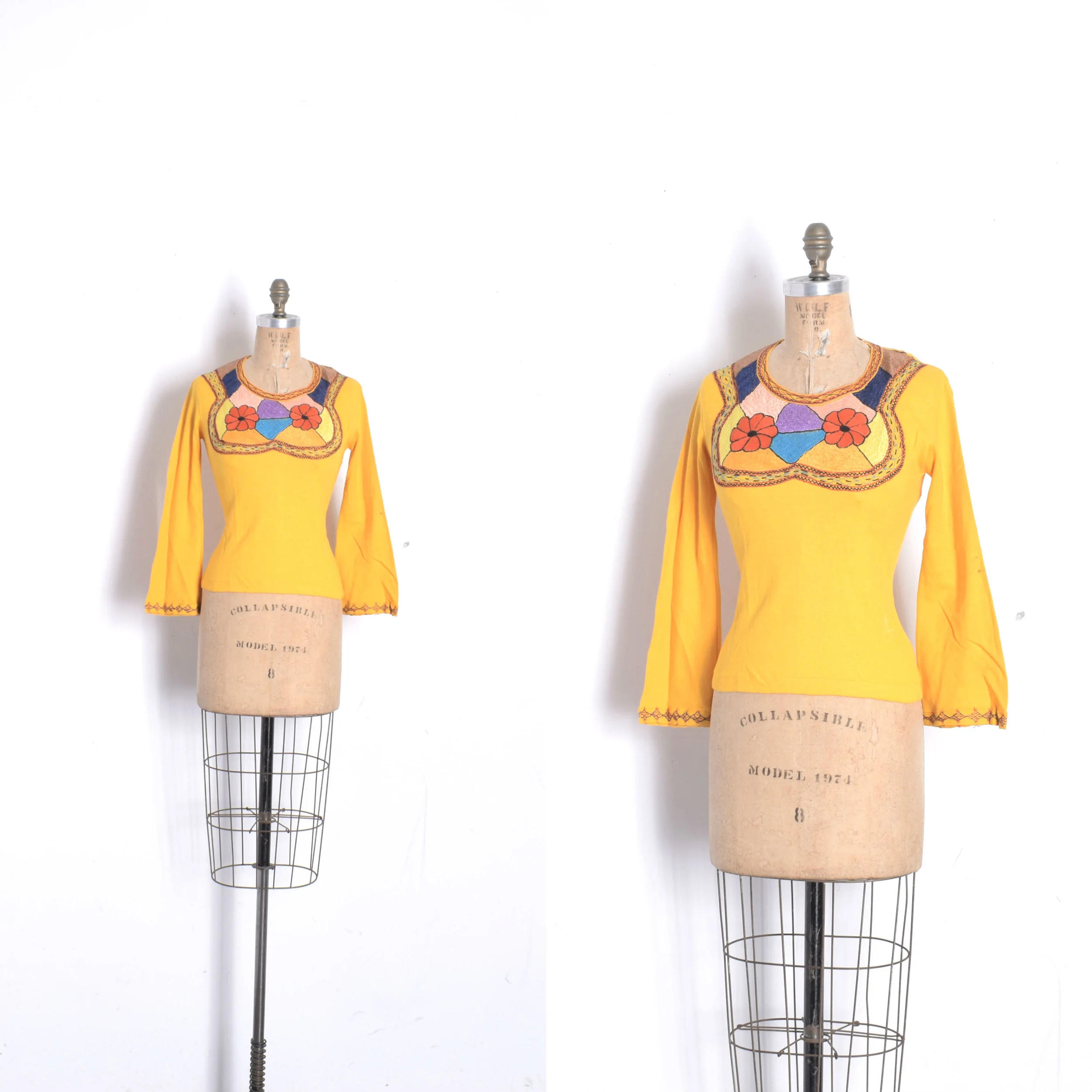 Deadstock 1970s Mustard Yellow Embroidered Tee-SM/MED