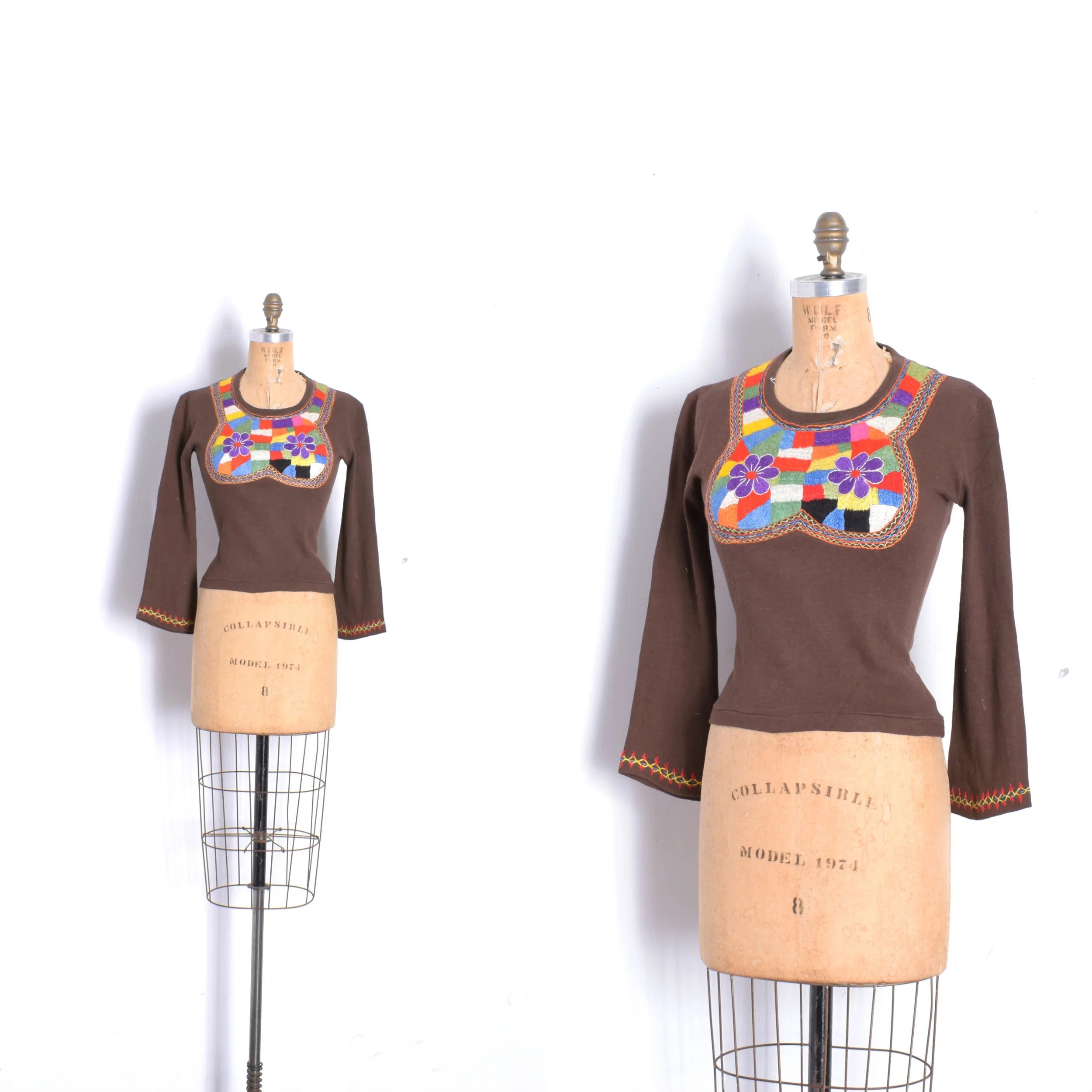 Deadstock 1970s Brown Embroidered Tee-XS/S/M