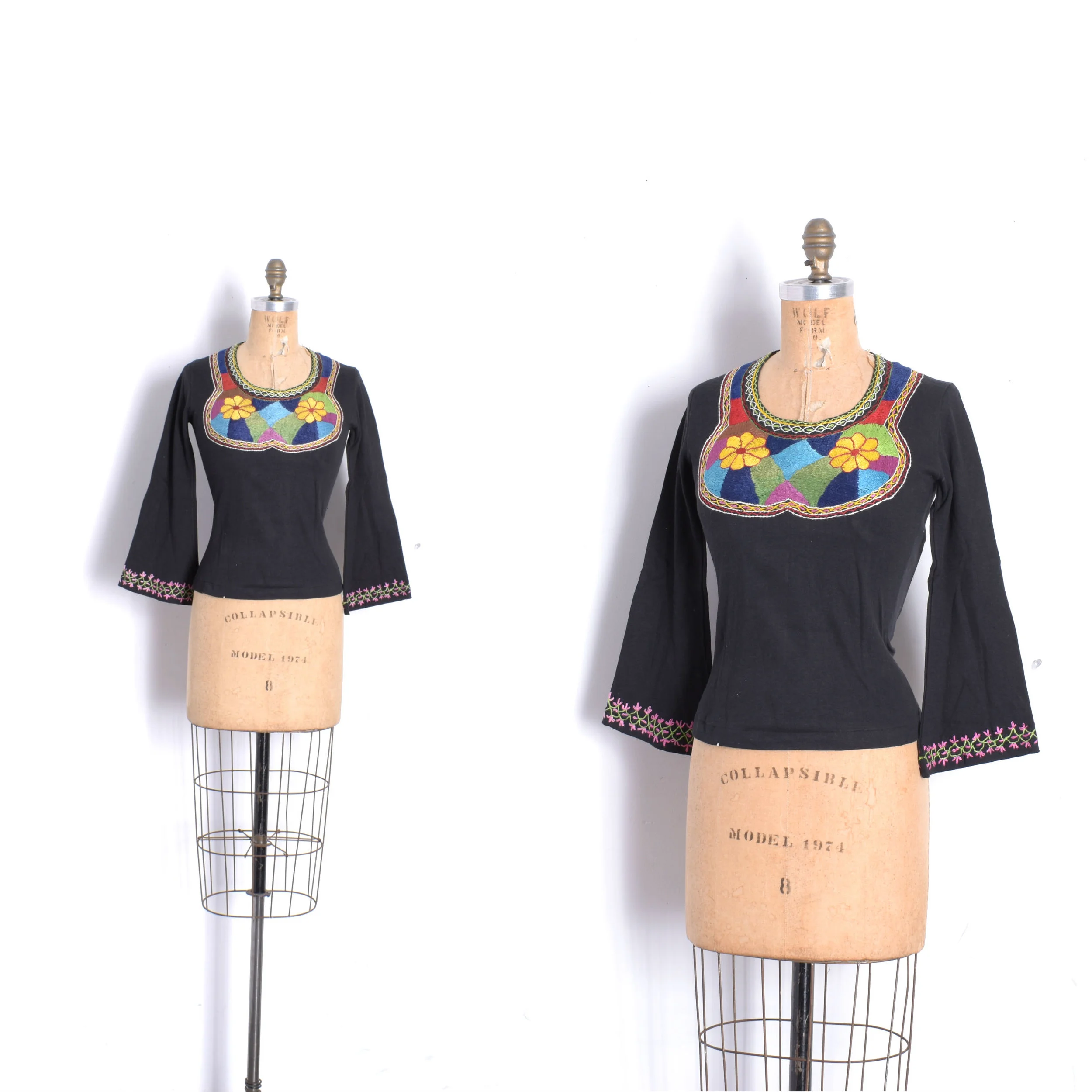 Deadstock 1970s Black Embroidered Tee-XS/SM/MED