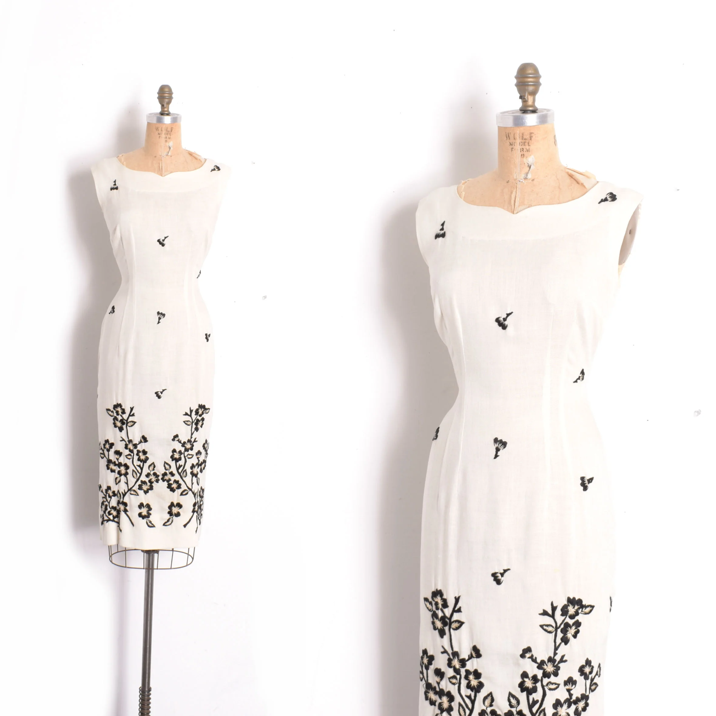 1950s Embroidered Linen Sheath Dress-medium/large