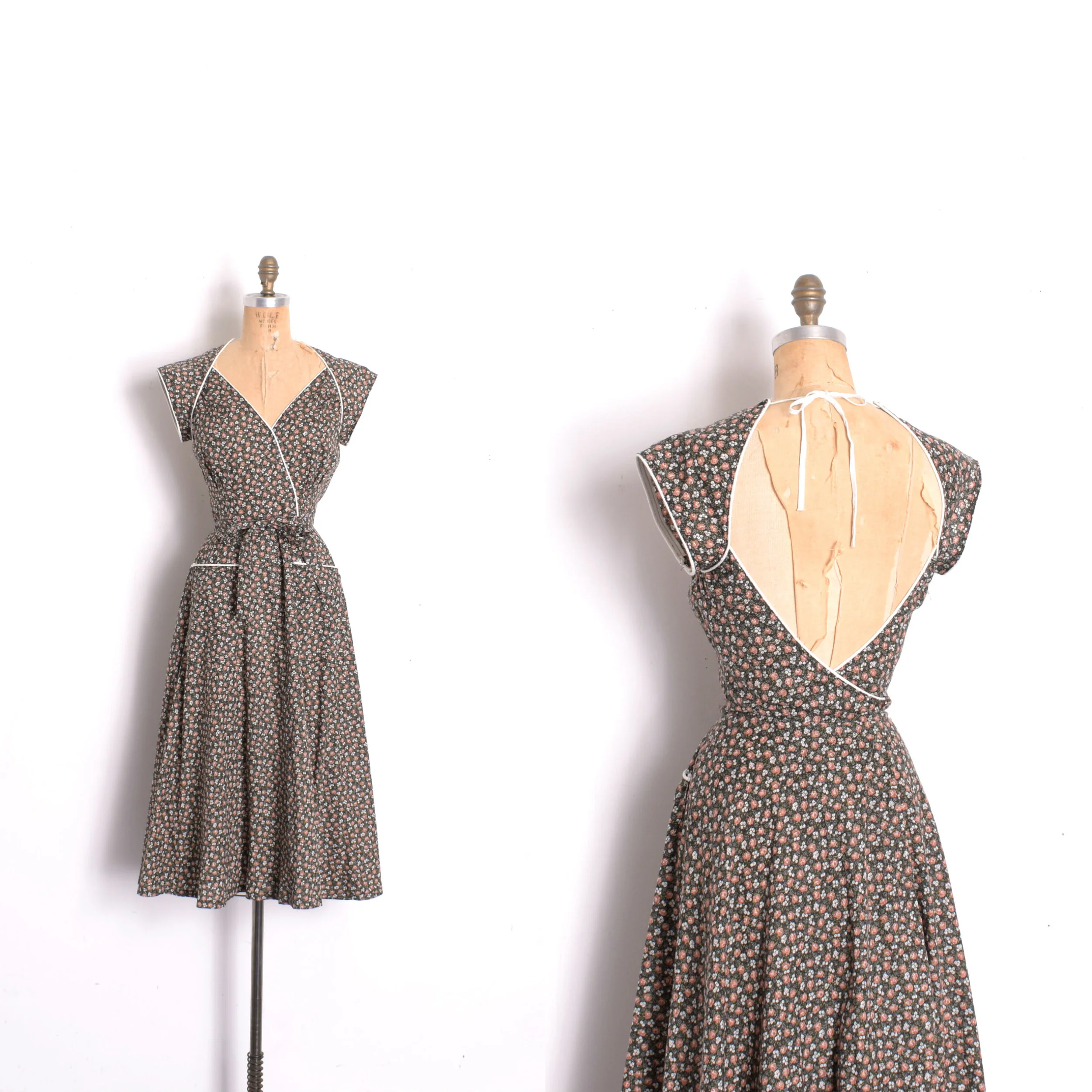 1970s Tiny Rose Print Backless Sundress-XS/S