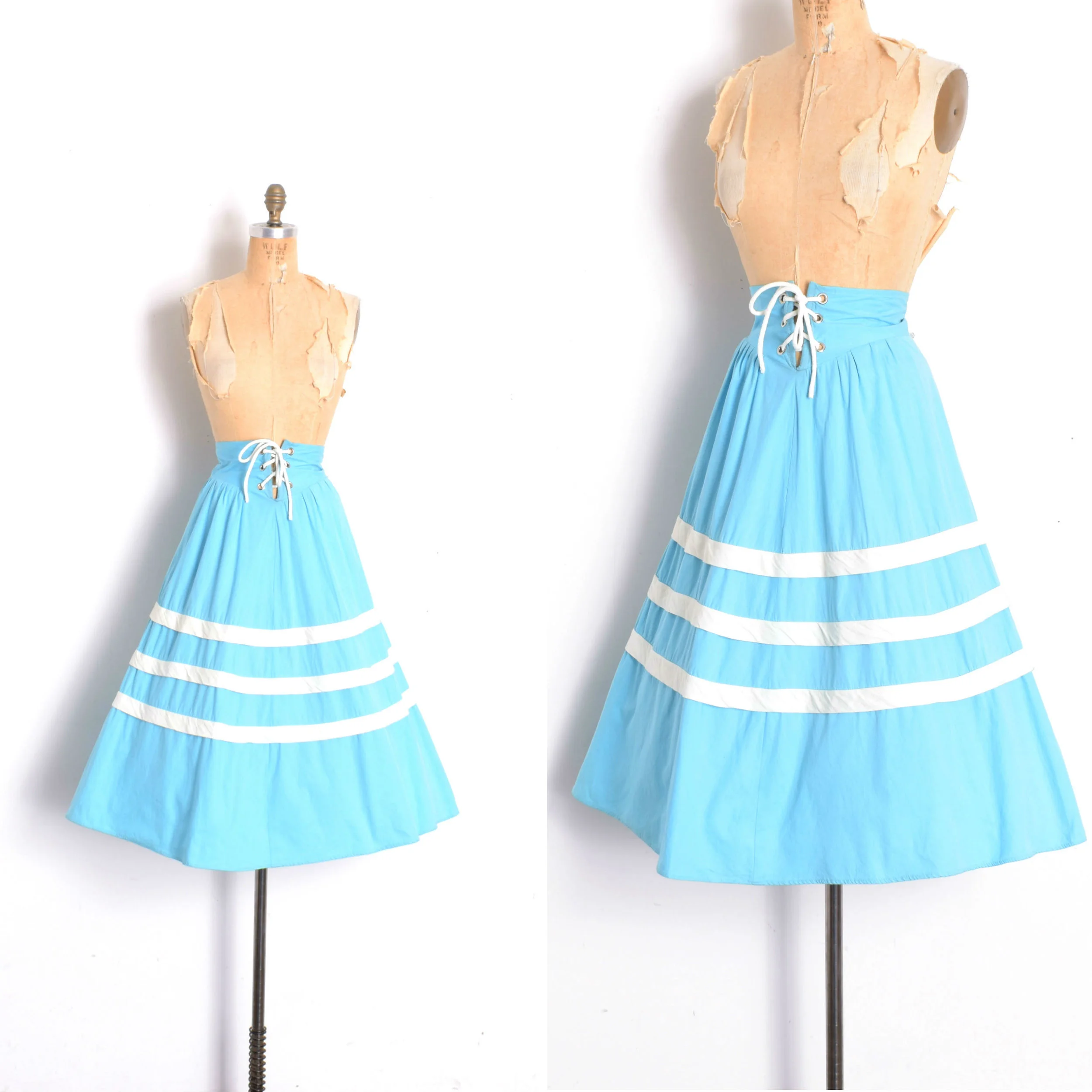 1950s Lace Up Cotton Skirt-small