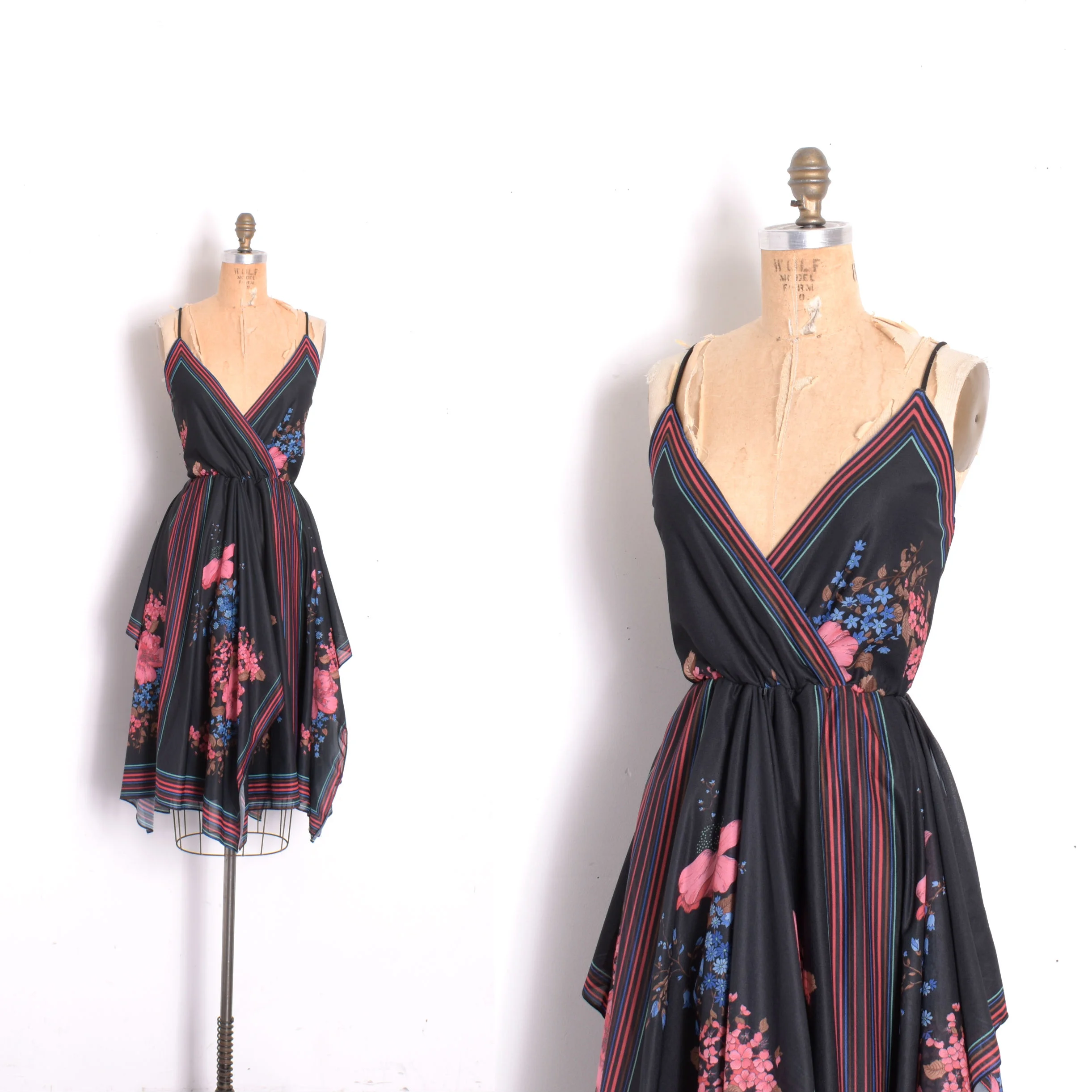 1970s Floral and Stripe Handkerchief Hem Dress-medium