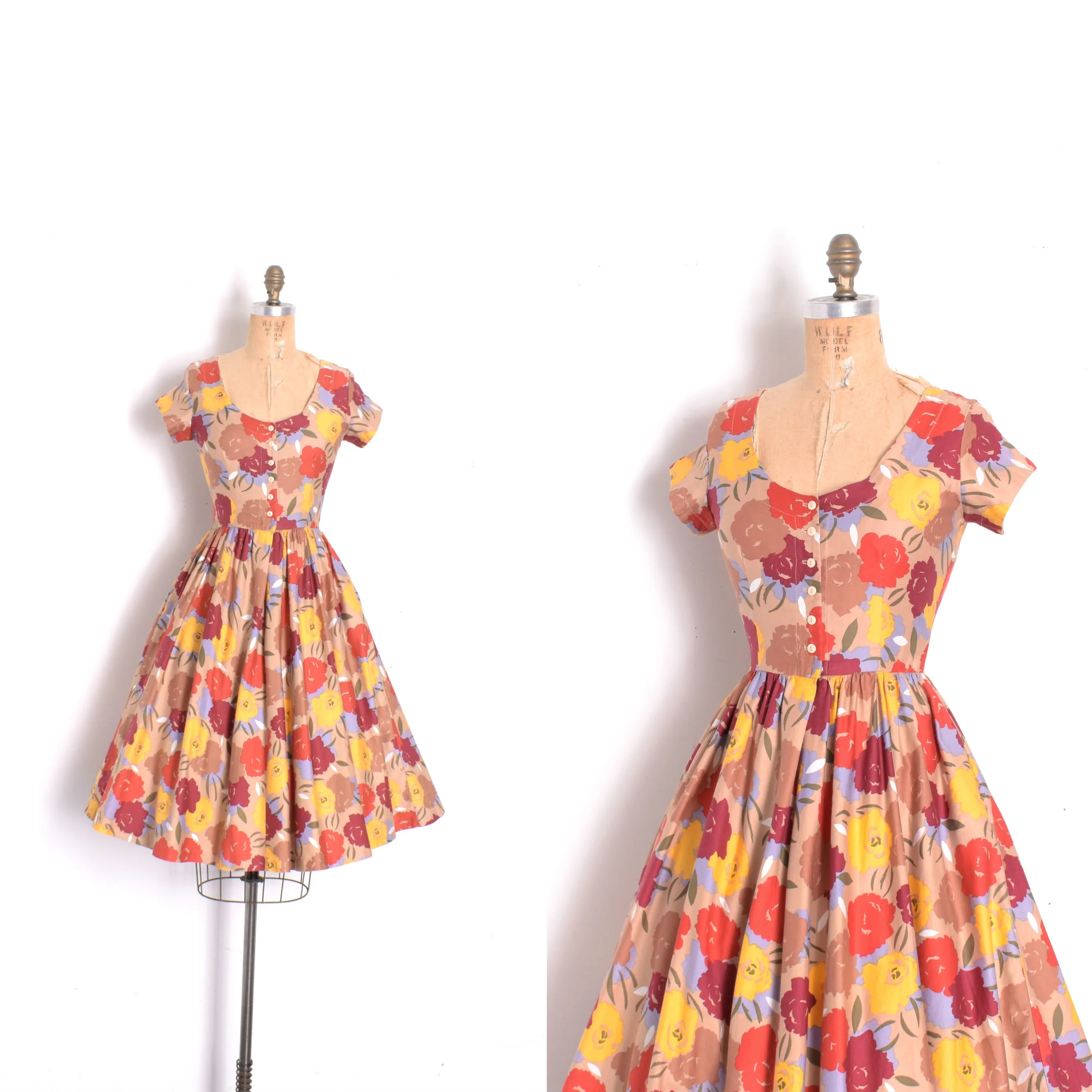 1980s Rose Print Cotton Fit and Flare Dress-XS
