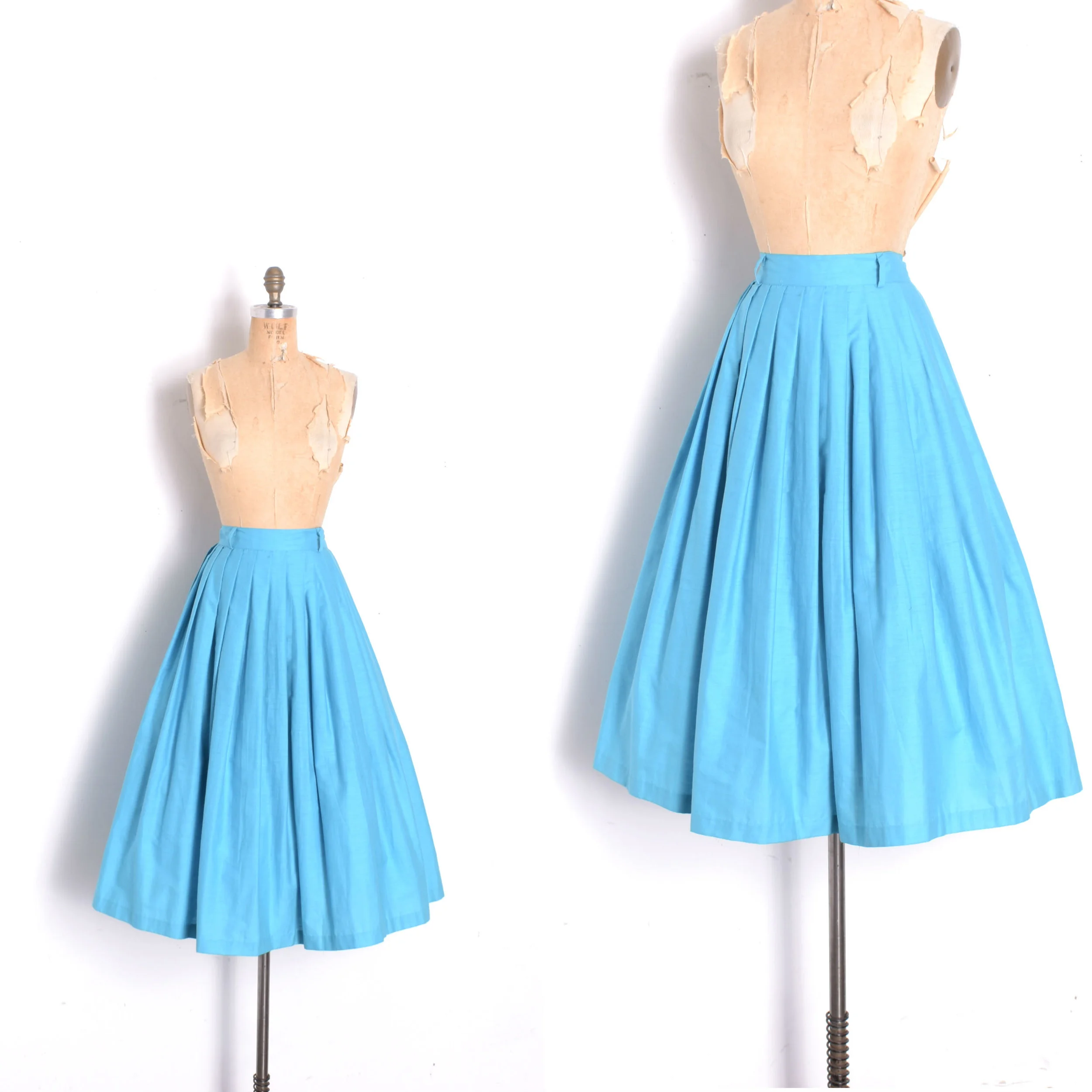 1950s Bright Blue Pleated Cotton Skirt-medium/large