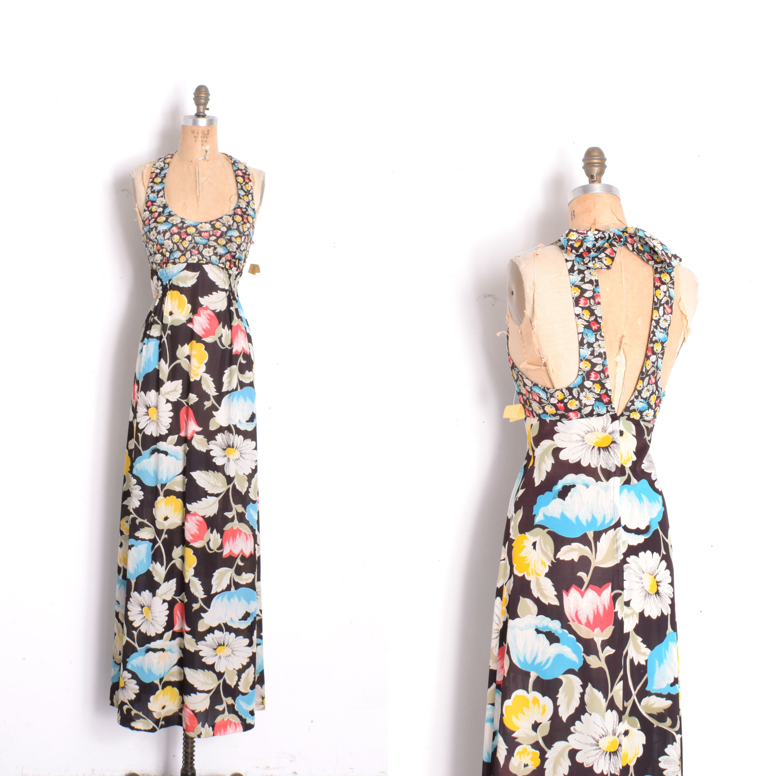 Vintage 1970s 1980s jersey tropical colorful print and triangular open back neckline dress size M