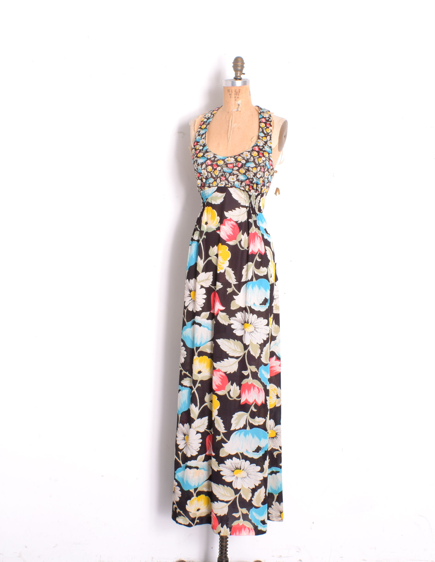 1970s Dark Floral Backless Maxi Dress-medium  La Poubelle Vintage