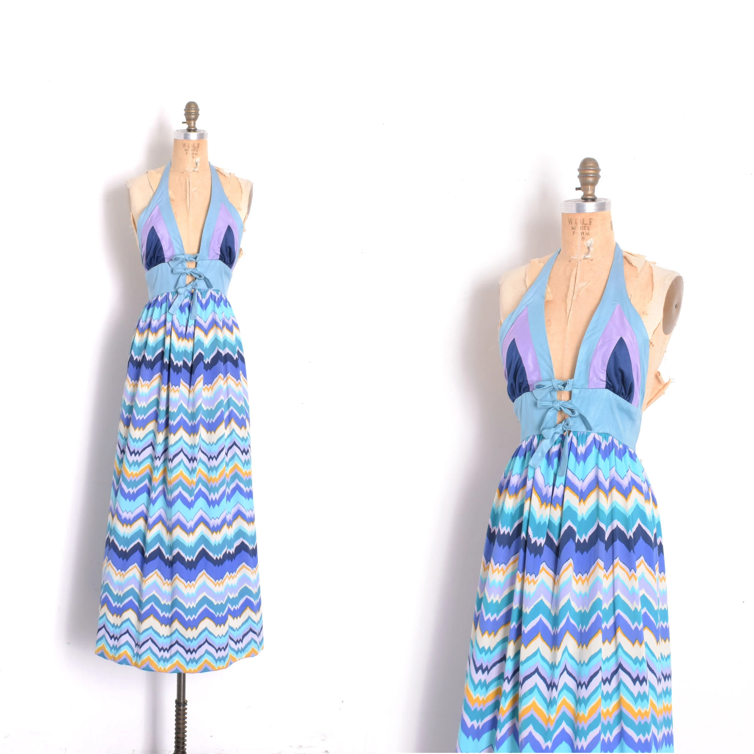 1970s Tie Front Halter Maxi Dress-small/medium