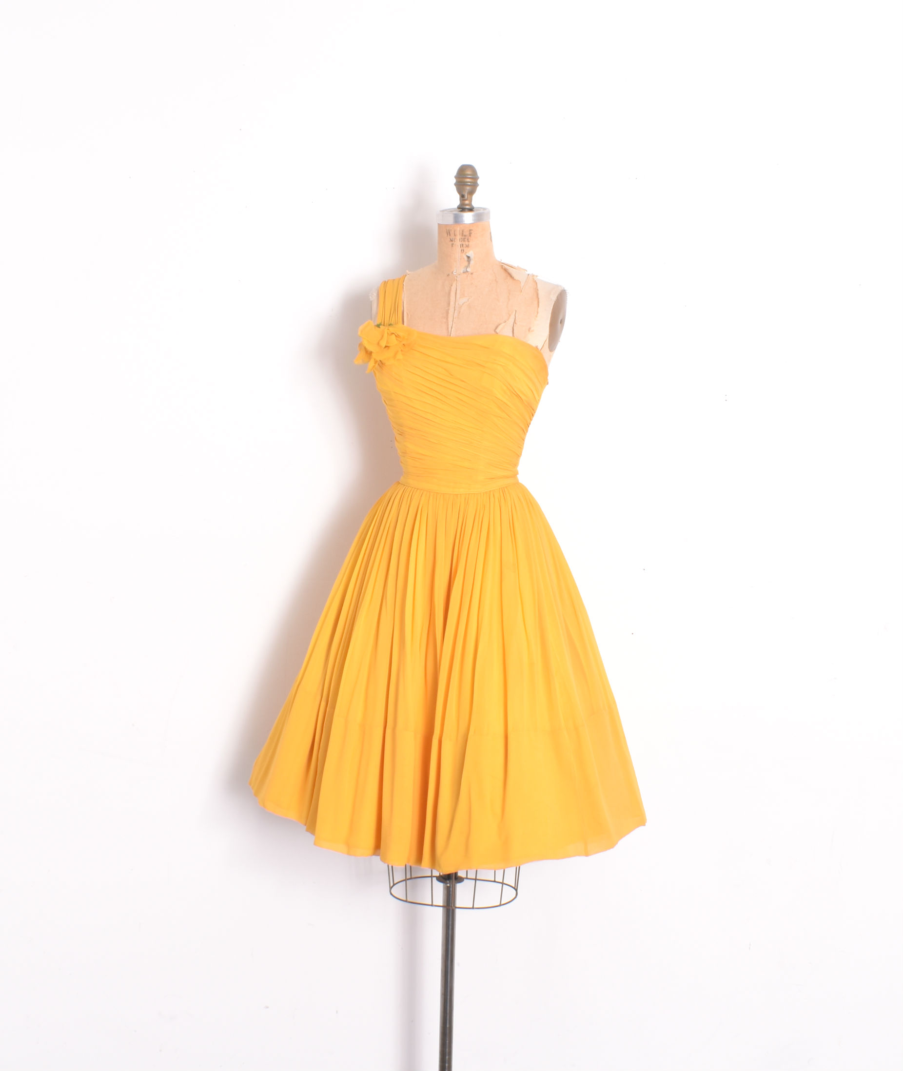 1950s One-Shouldered Silk Chiffon Party Dress-small  La Poubelle Vintage