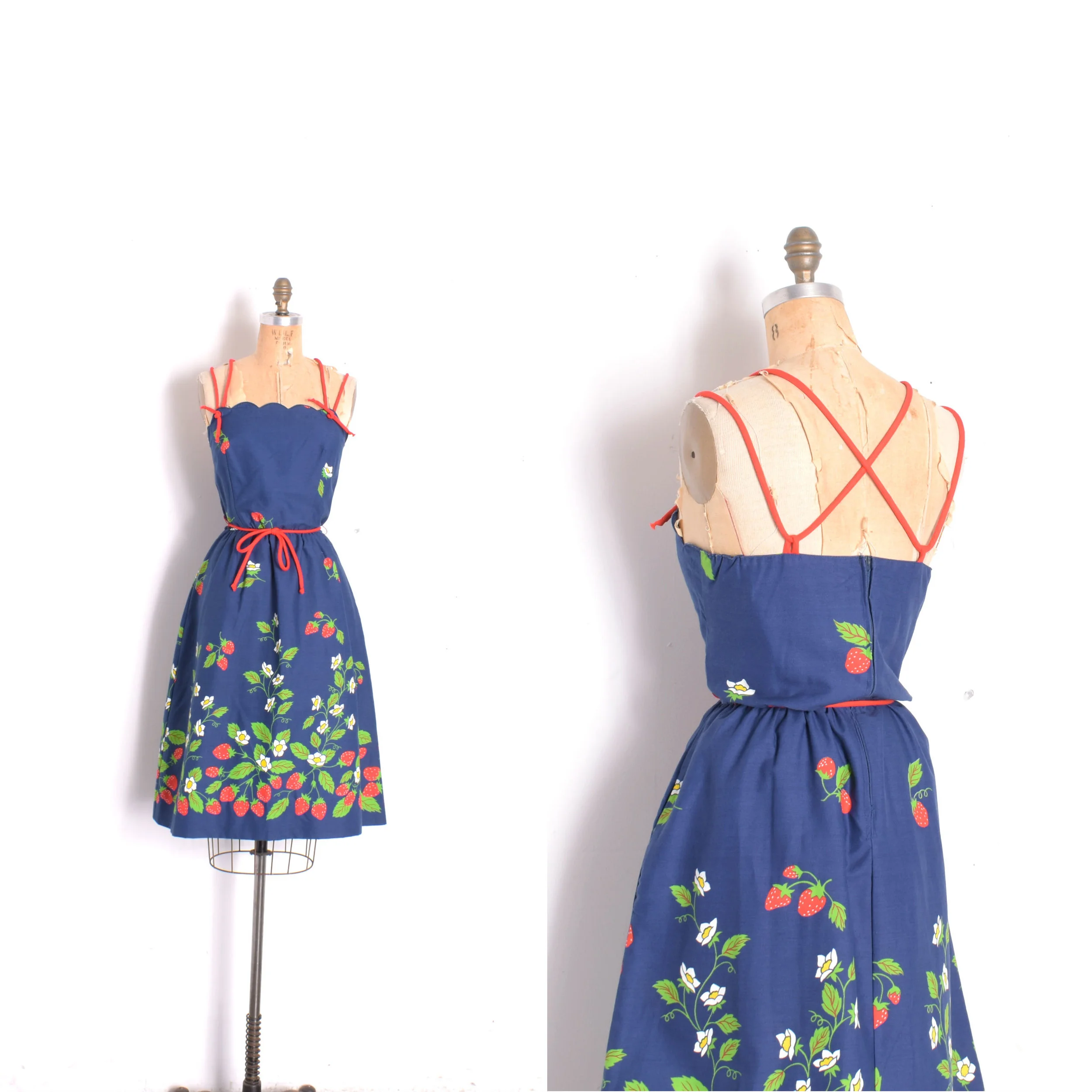 1970s Strawberry Print Backless Sundress-medium