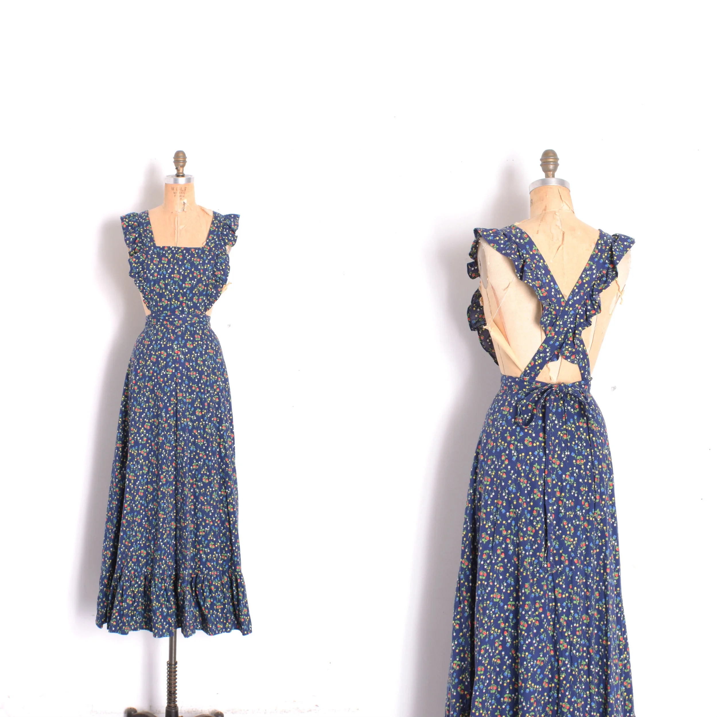 1970s Strawberry Print Pinafore Maxi-XS